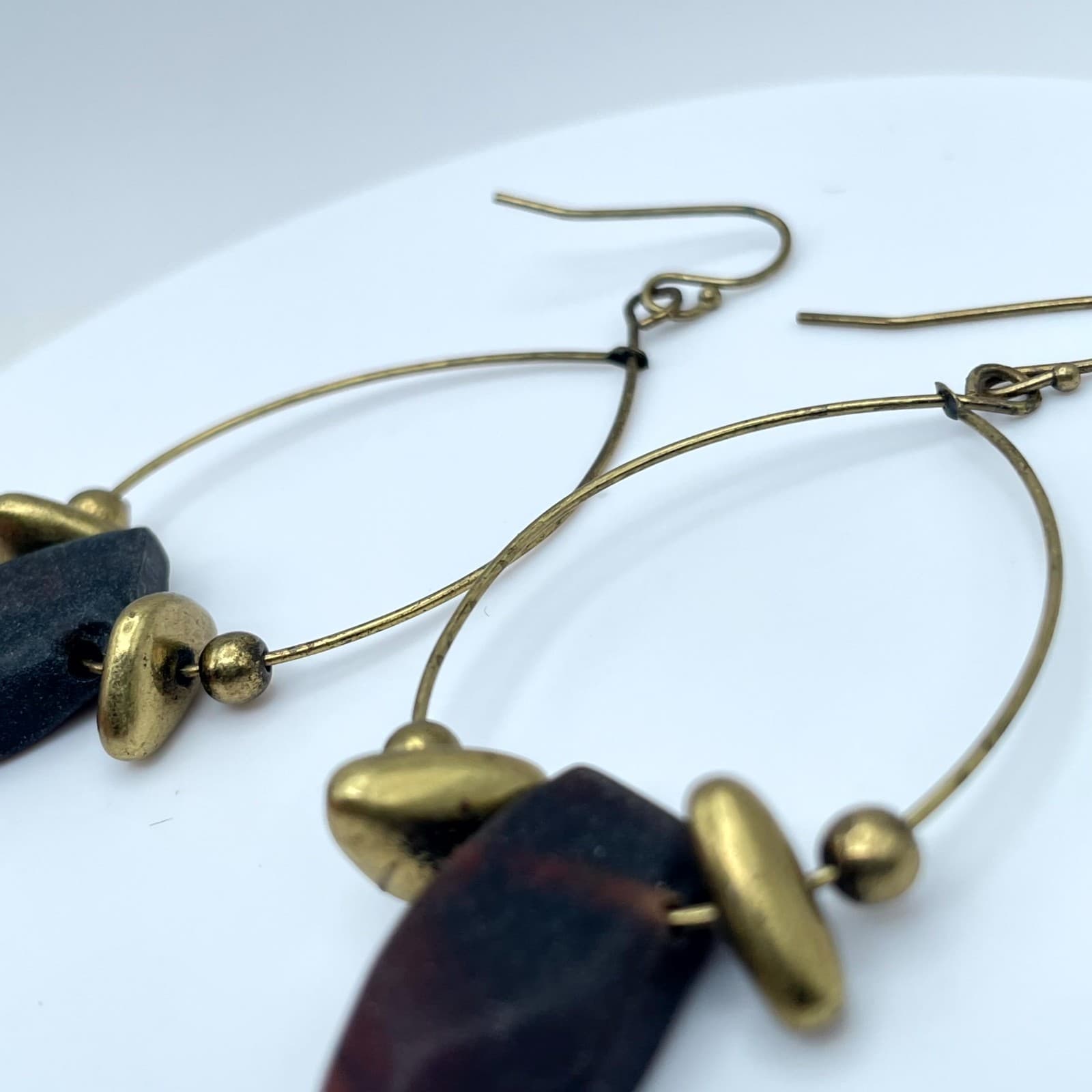 Handmade Brass Teardrop Hoop Earrings Raw Dark Purple Stone Boho Artisan Jewelry - Thumbnail 6