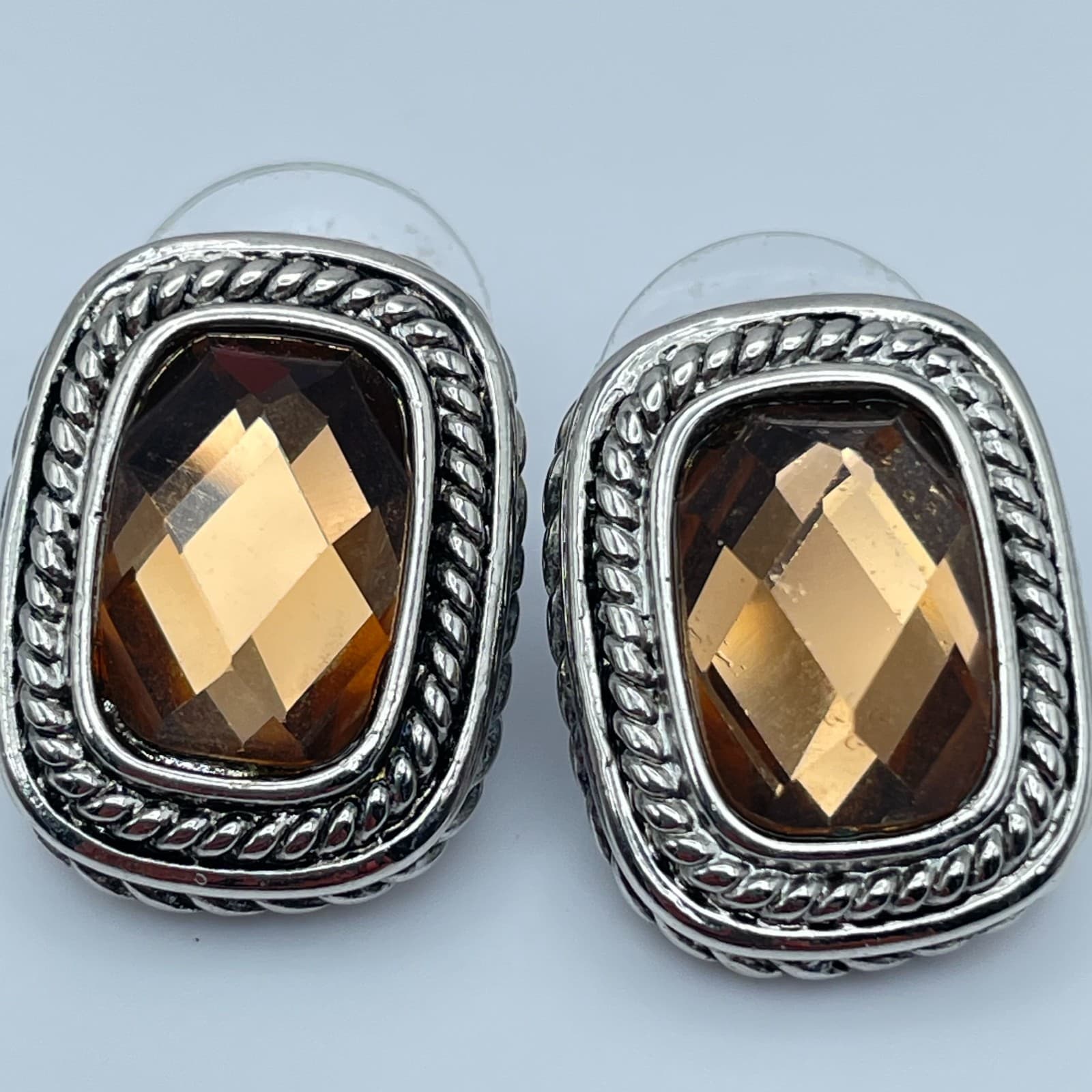 Vintage 90s Silver Tone Rope Border Amber Brown Glass Stud Earrings Jewelry
