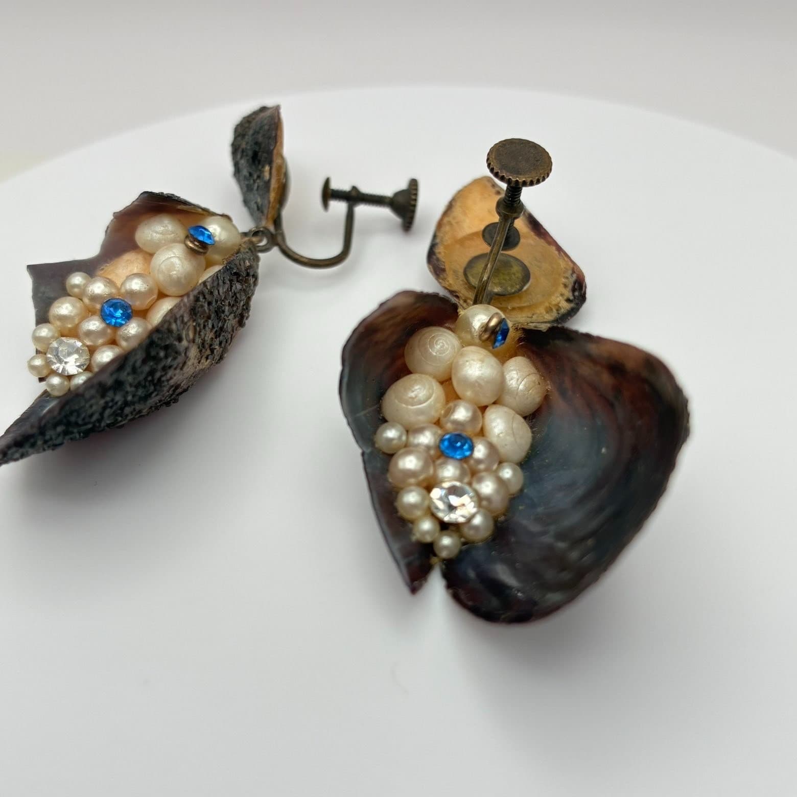 Vintage 50s Shell Pearl Blue Glass Dangle Earrings Mid-Century Fashion Jewelry - Thumbnail 2