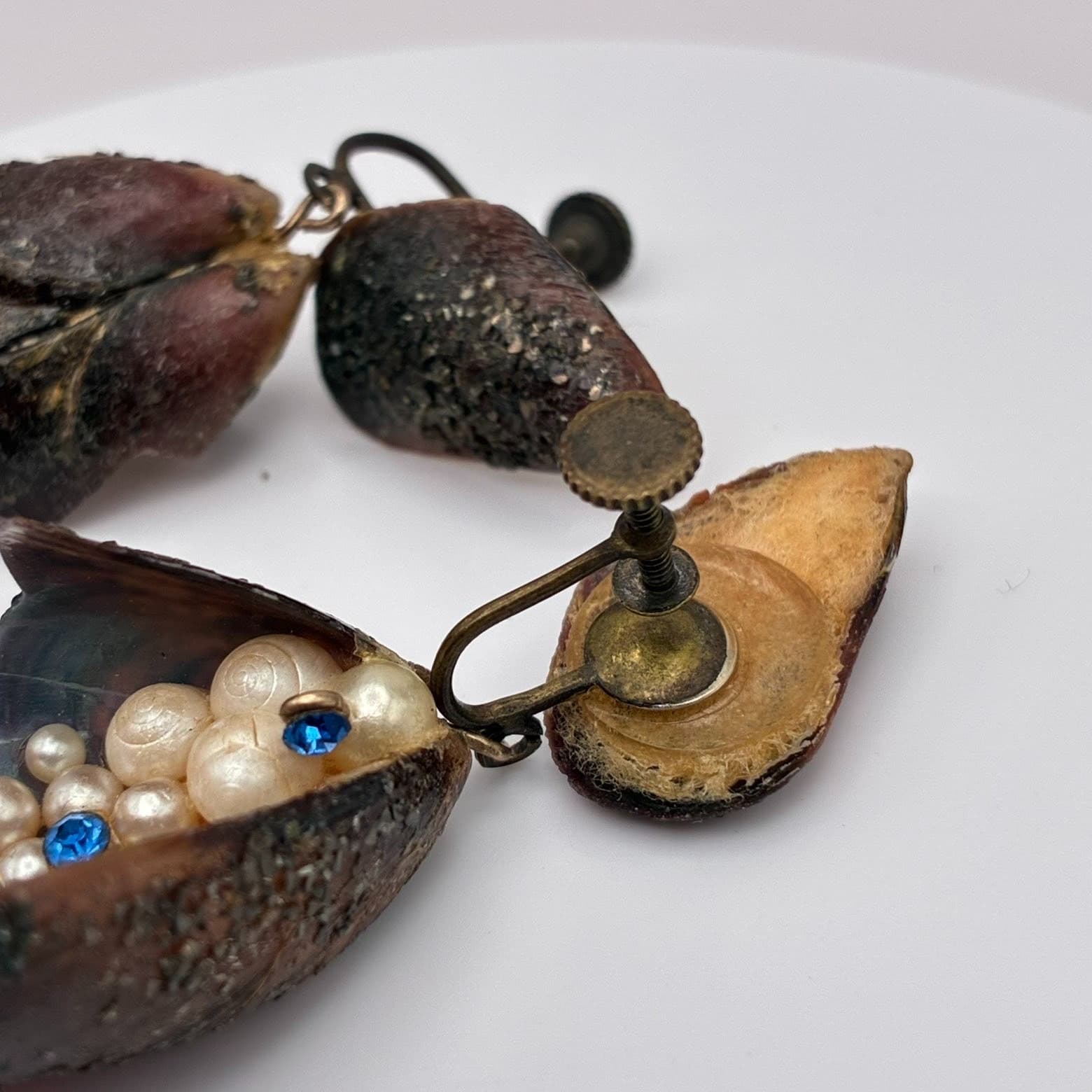 Vintage 50s Shell Pearl Blue Glass Dangle Earrings Mid-Century Fashion Jewelry - Thumbnail 3