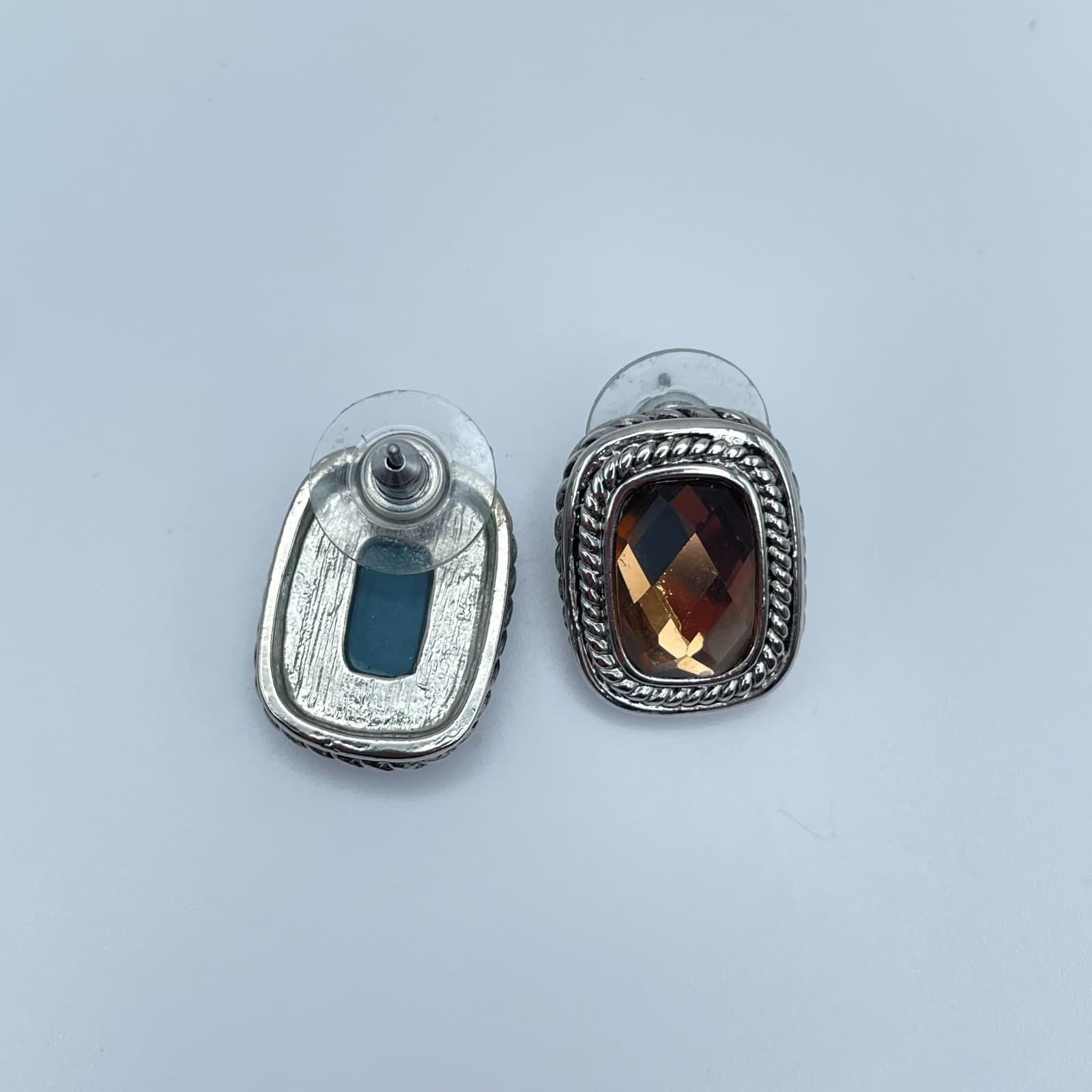 Vintage 90s Silver Tone Rope Border Amber Brown Glass Stud Earrings Jewelry - Thumbnail 7