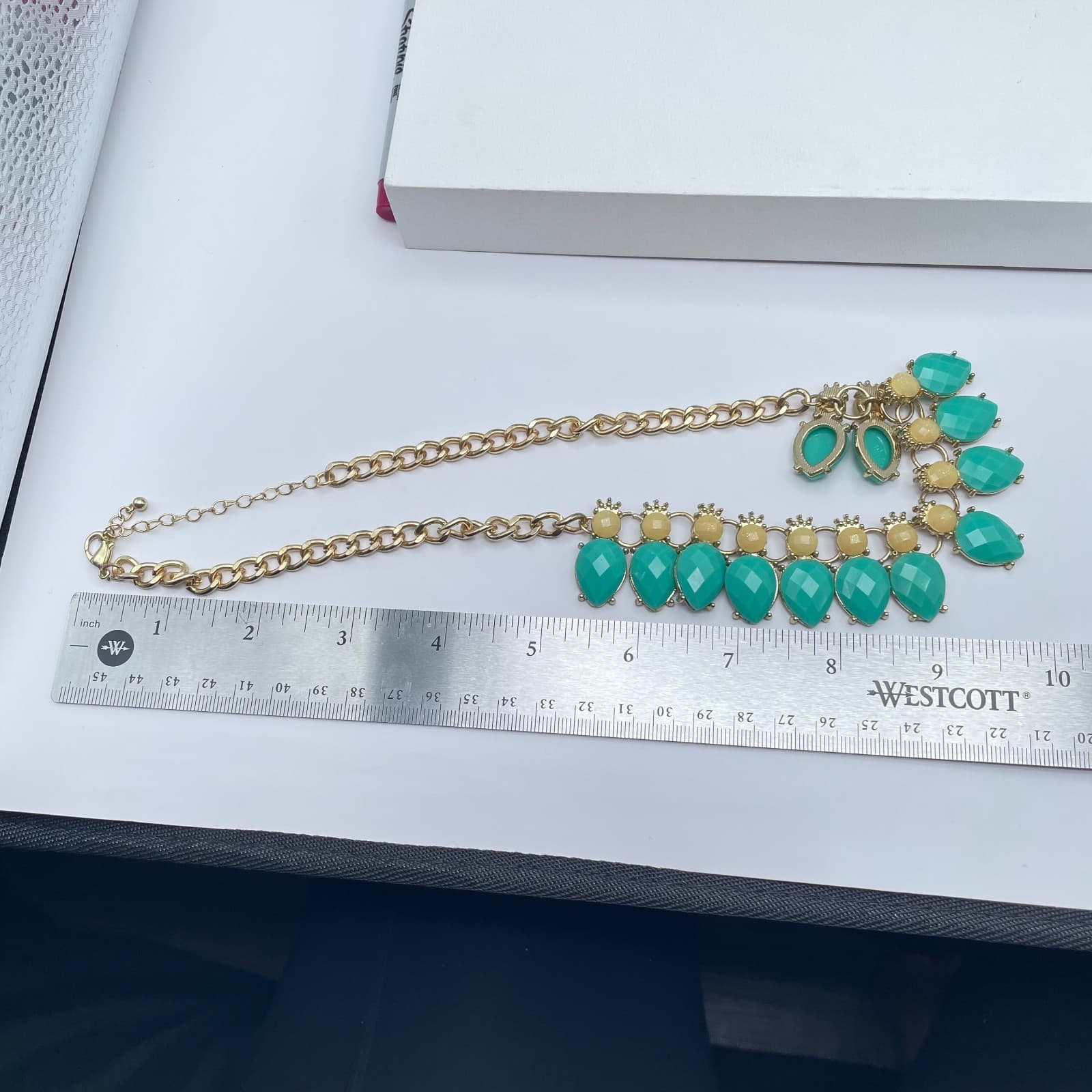 Vintage Y2K Teal & Yellow Statement Bib Necklace Gold Tone Faceted Drop Beads - Thumbnail 8