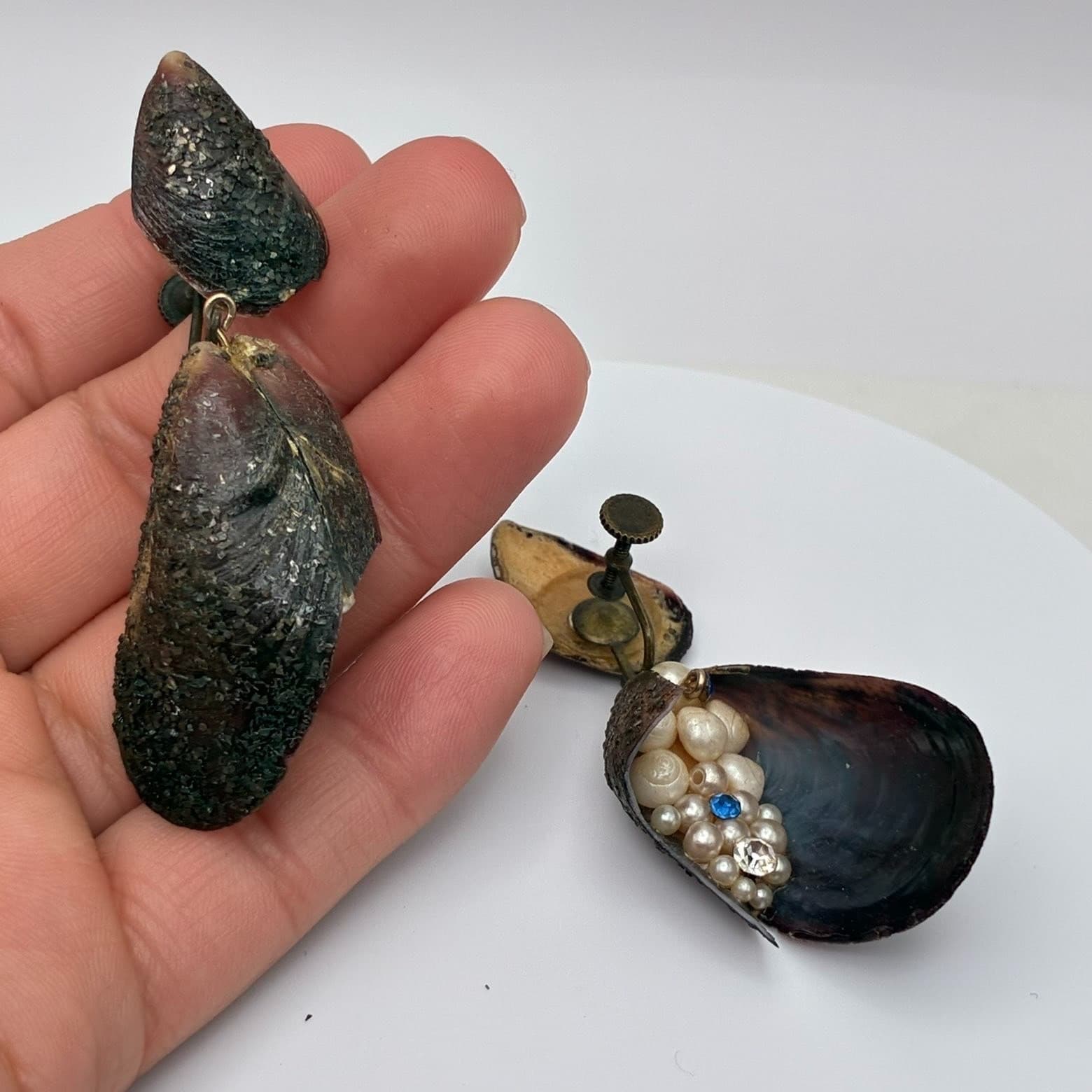 Vintage 50s Shell Pearl Blue Glass Dangle Earrings Mid-Century Fashion Jewelry - Thumbnail 6