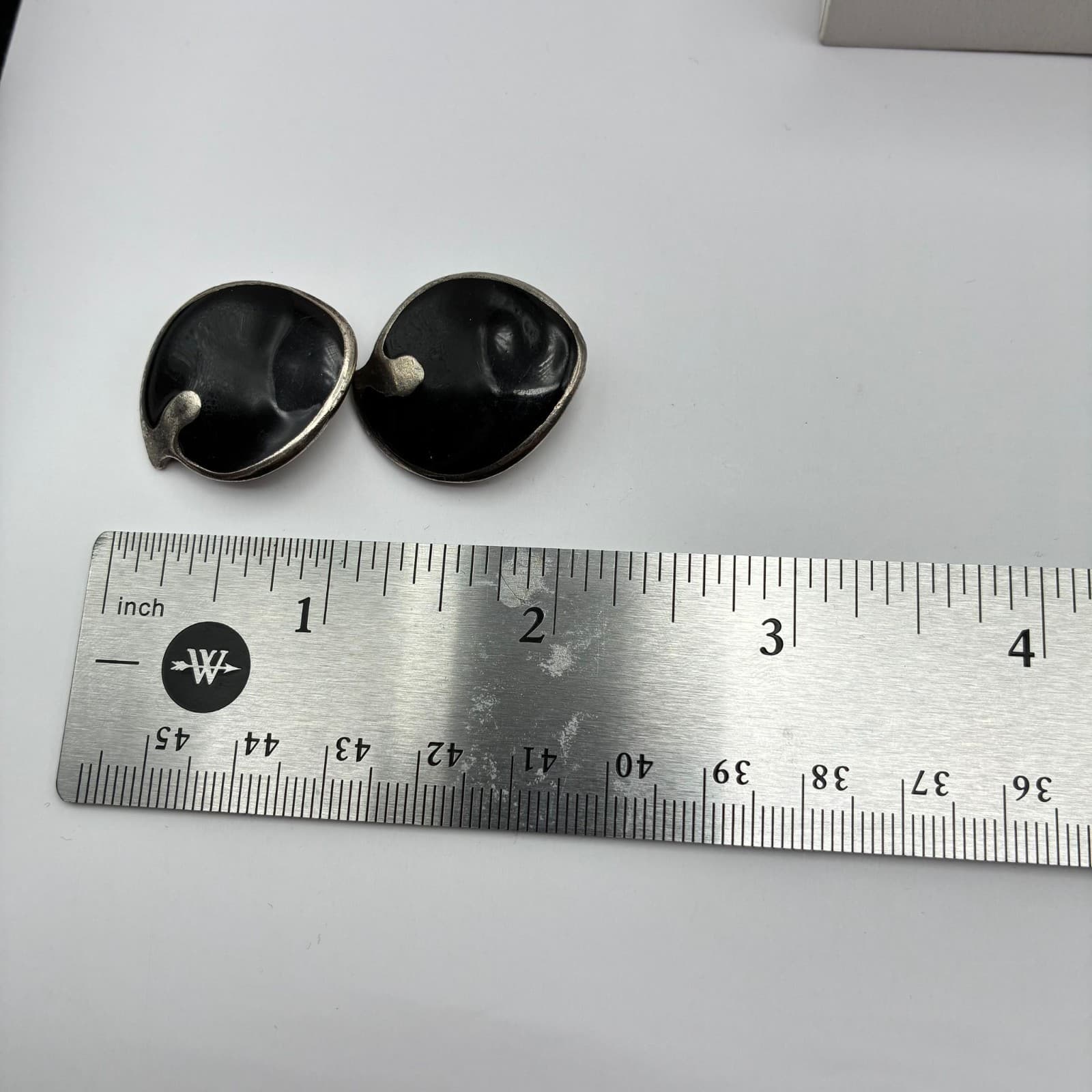Vintage 80s 90s Black Enamel Silver Tone Earrings Chunky Women's Classic Jewelry - Thumbnail 8