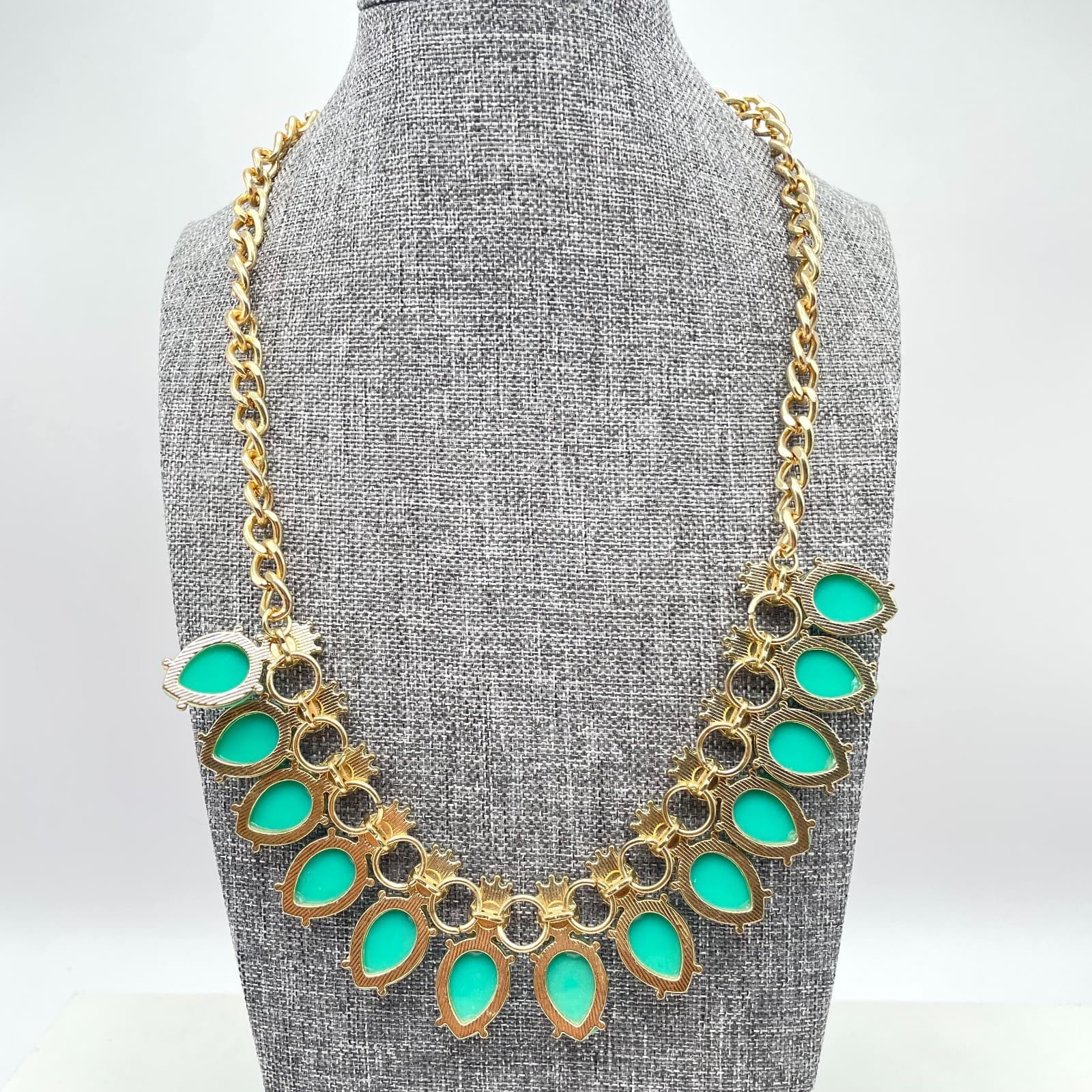 Vintage Y2K Teal & Yellow Statement Bib Necklace Gold Tone Faceted Drop Beads - Thumbnail 3