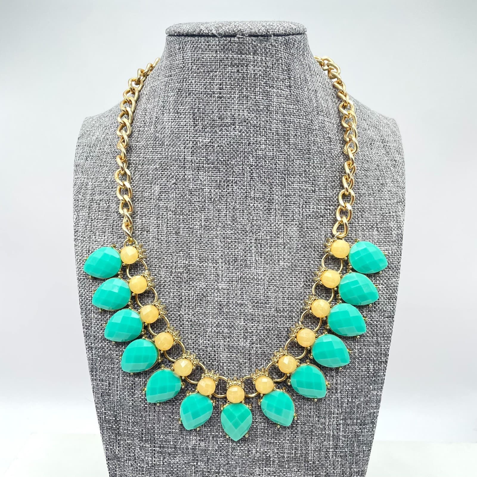 Vintage Y2K Teal & Yellow Statement Bib Necklace Gold Tone Faceted Drop Beads - Thumbnail 2
