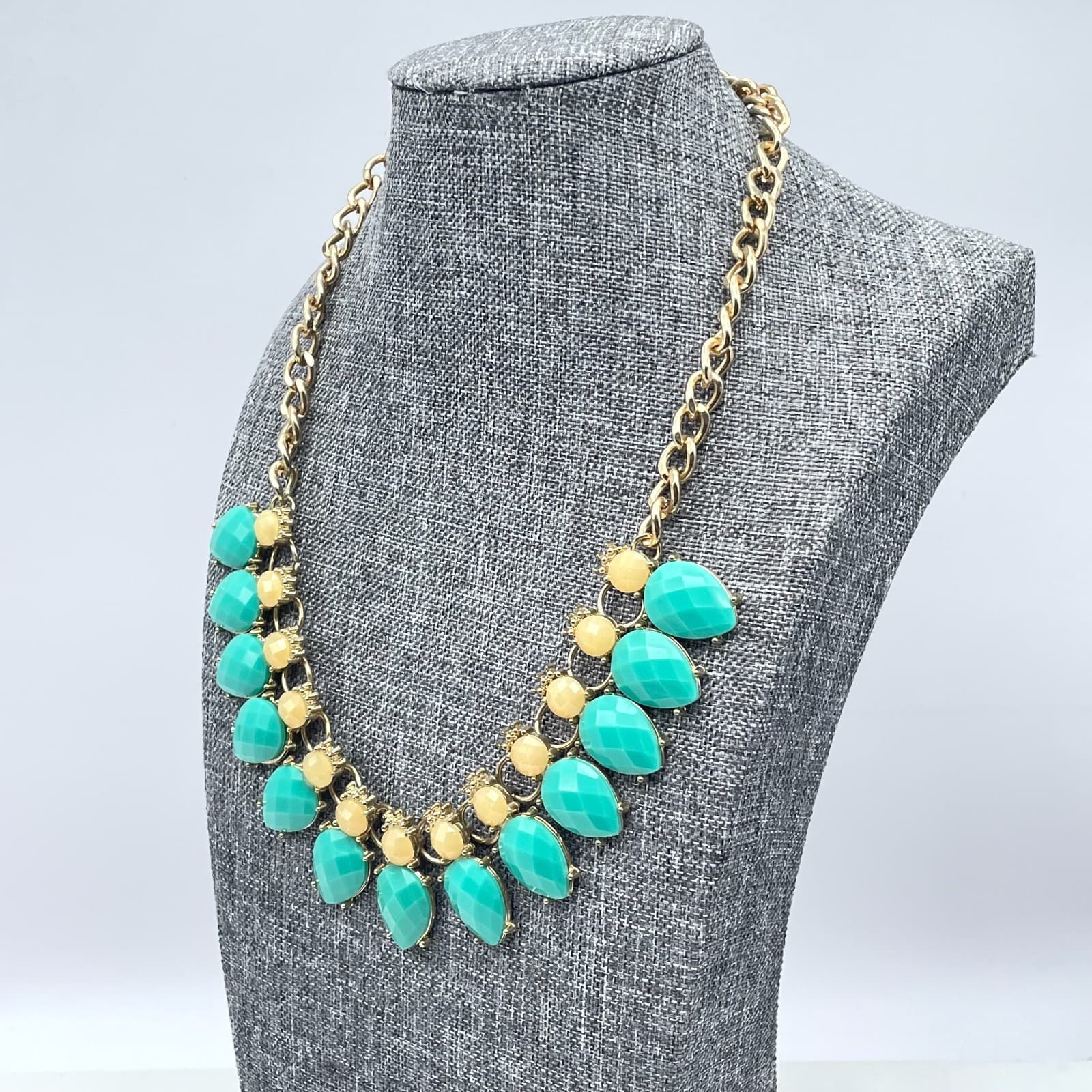 Vintage Y2K Teal & Yellow Statement Bib Necklace Gold Tone Faceted Drop Beads - Thumbnail 5