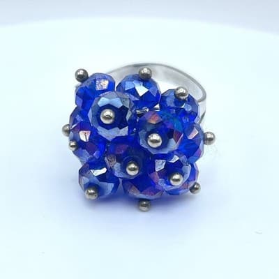 Vintage Silver-Tone Blue Faceted Cluster Beads Adjustable Metal Cocktail Ring - Thumbnail 2