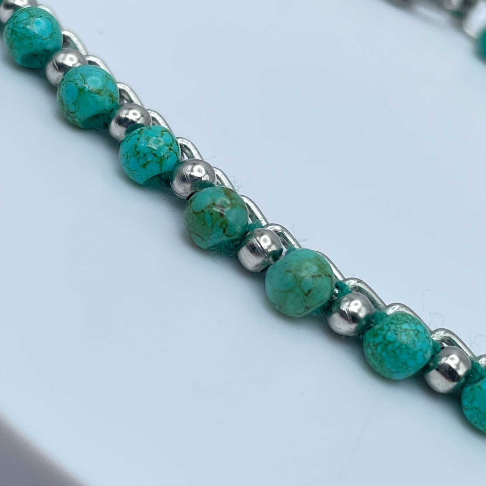 Y2K Turquoise Bead Bracelet Silver Tone Chain Boho Western Jewelry Adjustable - Thumbnail 5