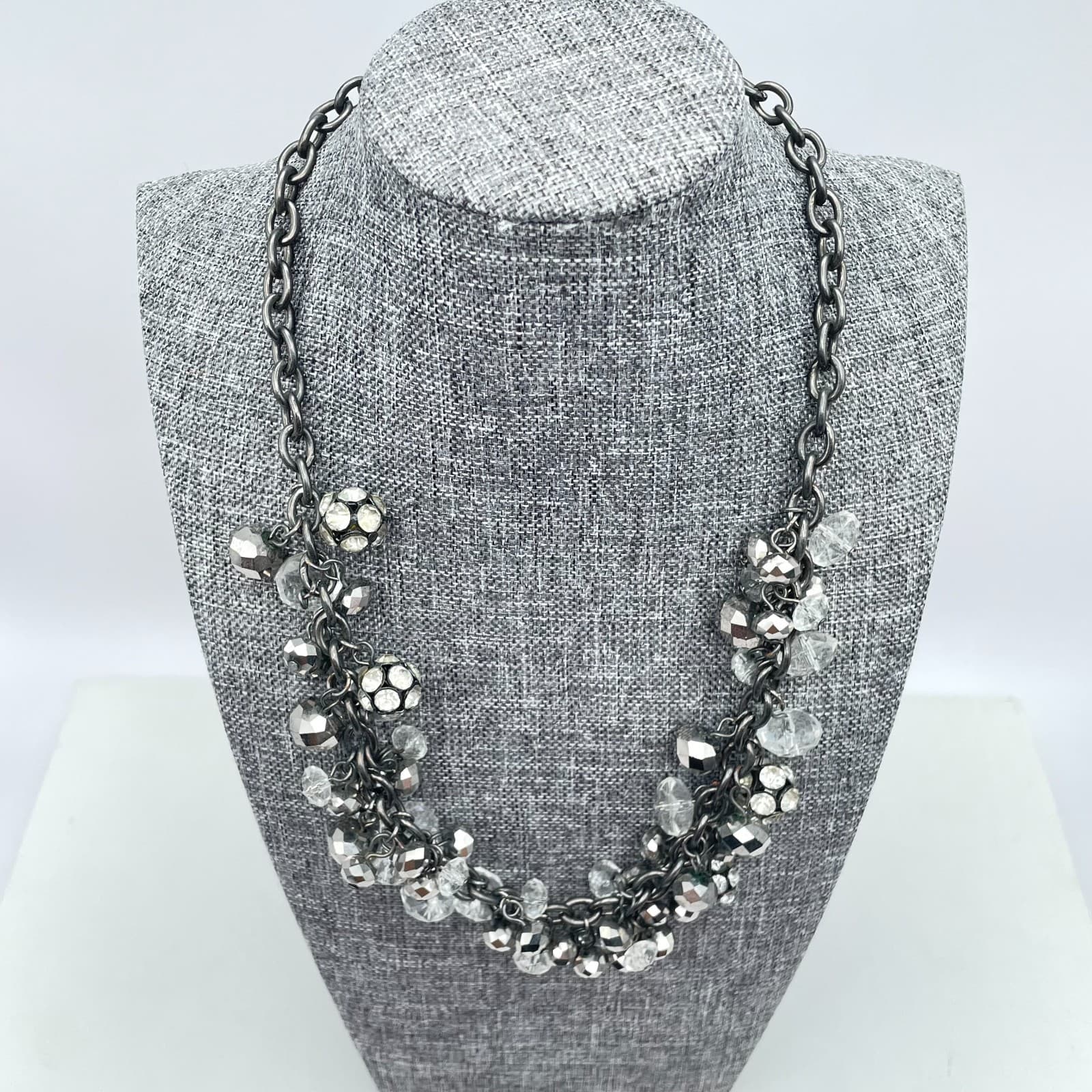 Vera Wang Gunmetal Crystal Charm Necklace Chunky Chain Cluster Statement - Thumbnail 4