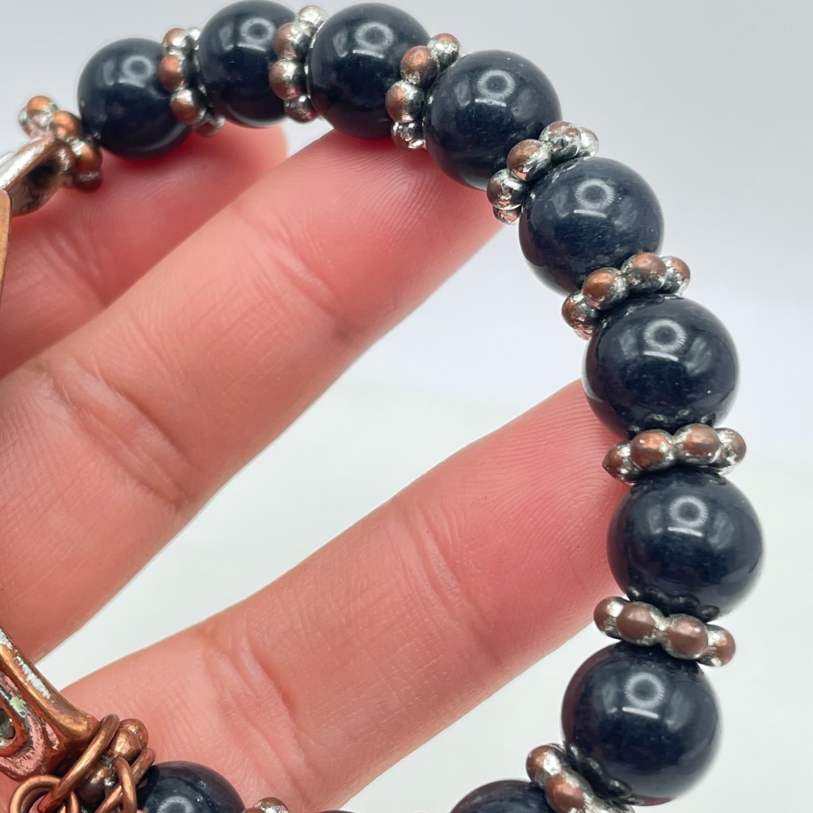 Vintage Y2K Rhinestone Cross Bracelet Black Bead Gothic Christian Religious - Thumbnail 8