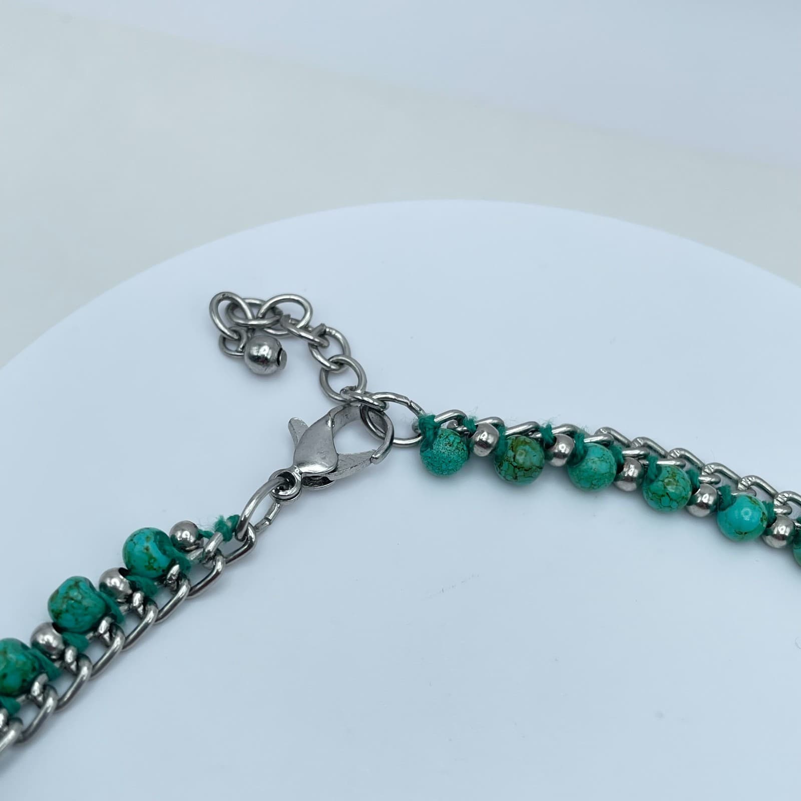 Y2K Turquoise Bead Bracelet Silver Tone Chain Boho Western Jewelry Adjustable - Thumbnail 2