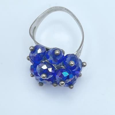 Vintage Silver-Tone Blue Faceted Cluster Beads Adjustable Metal Cocktail Ring - Thumbnail 3