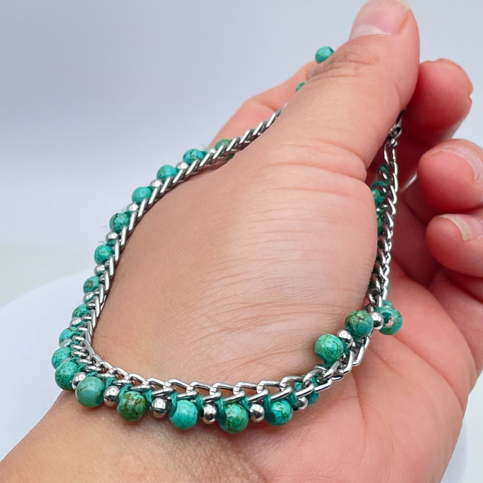Y2K Turquoise Bead Bracelet Silver Tone Chain Boho Western Jewelry Adjustable - Thumbnail 6