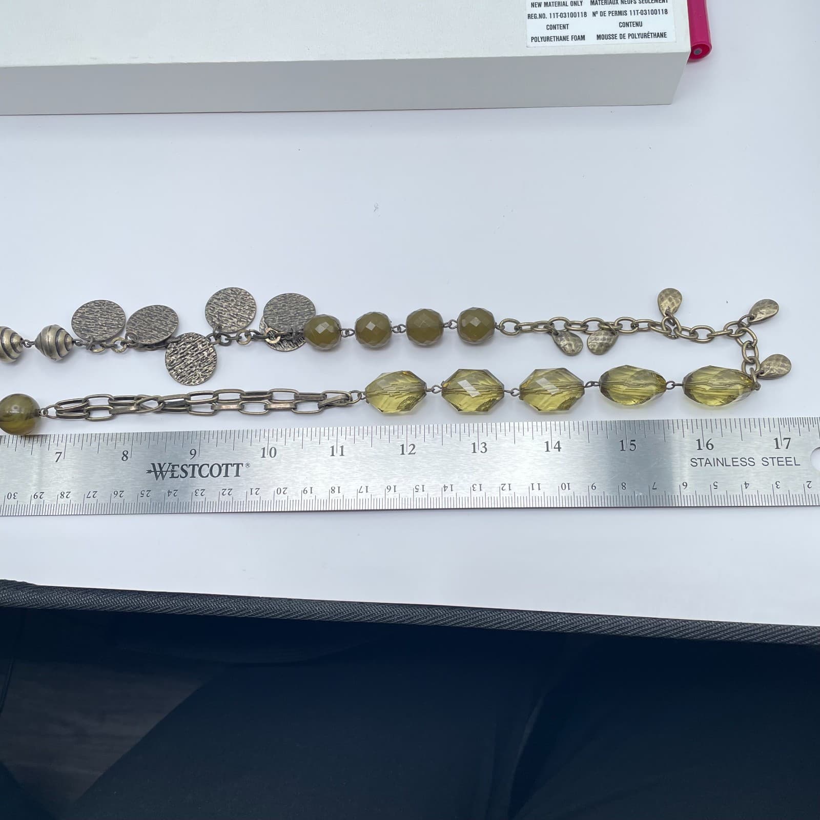 Vintage Gold Tone Long Necklace Olive Green Glass Beads Opera Flapper - Thumbnail 7