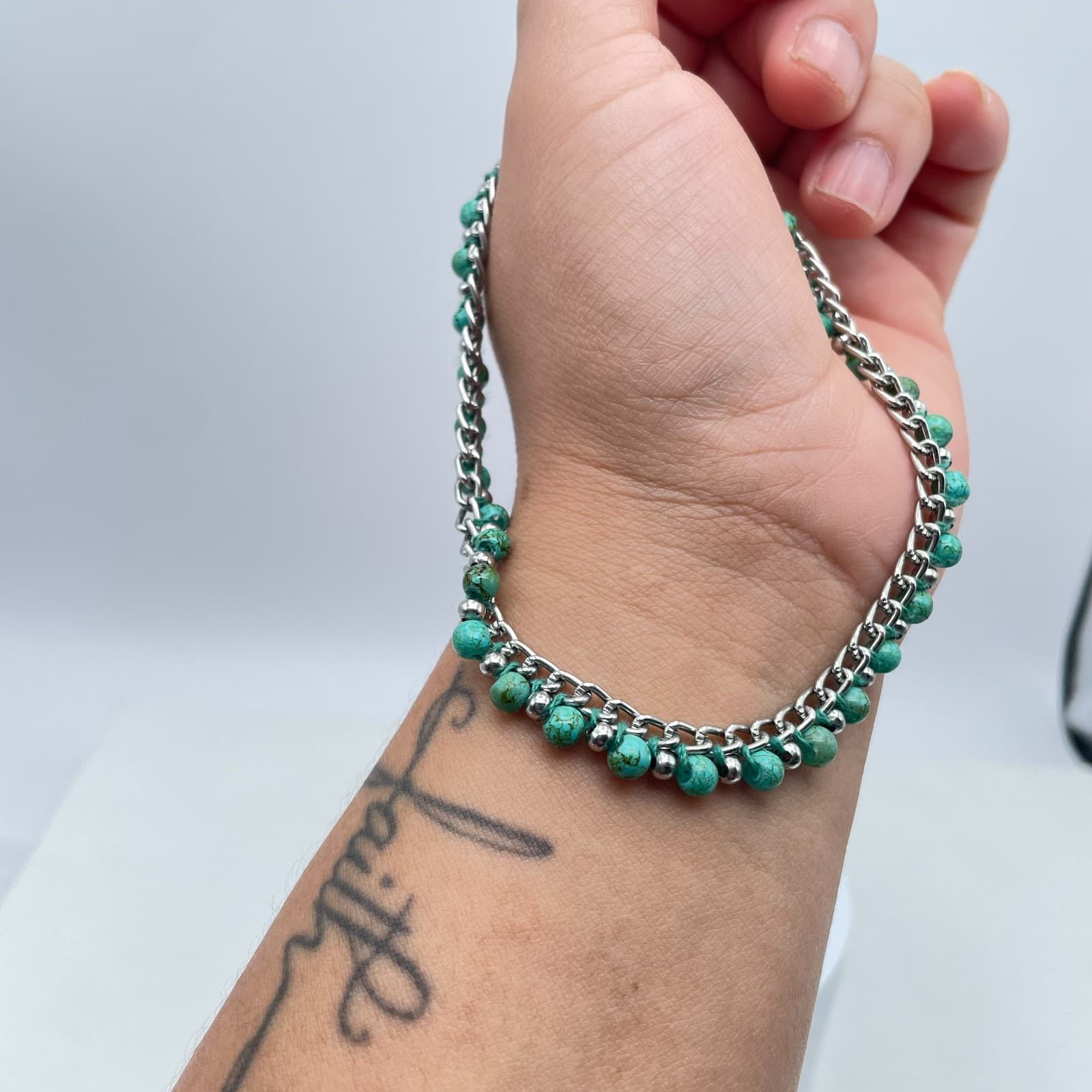 Y2K Turquoise Bead Bracelet Silver Tone Chain Boho Western Jewelry Adjustable - Thumbnail 11