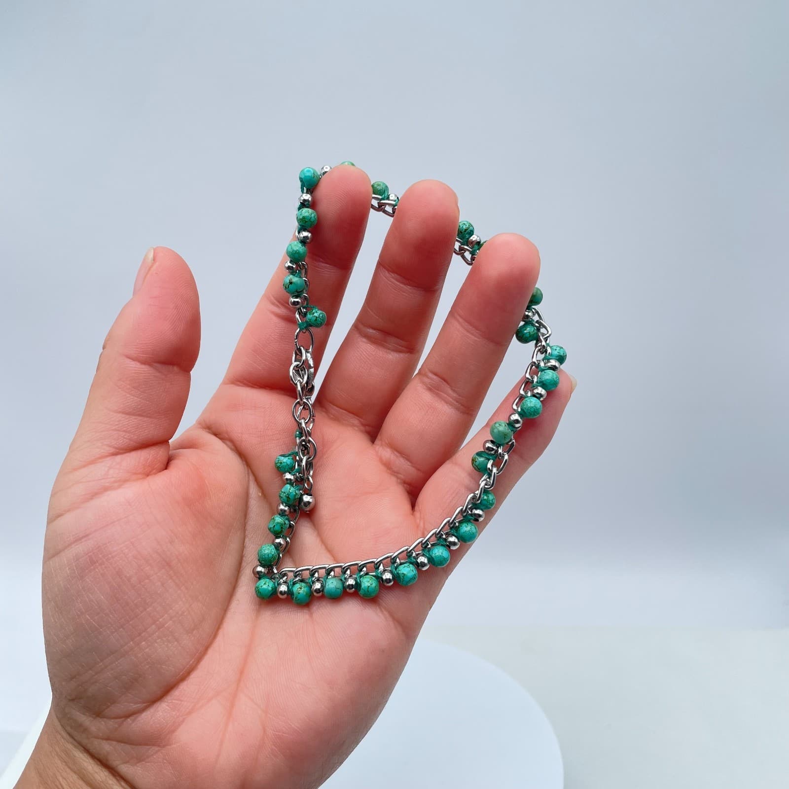 Y2K Turquoise Bead Bracelet Silver Tone Chain Boho Western Jewelry Adjustable - Thumbnail 9