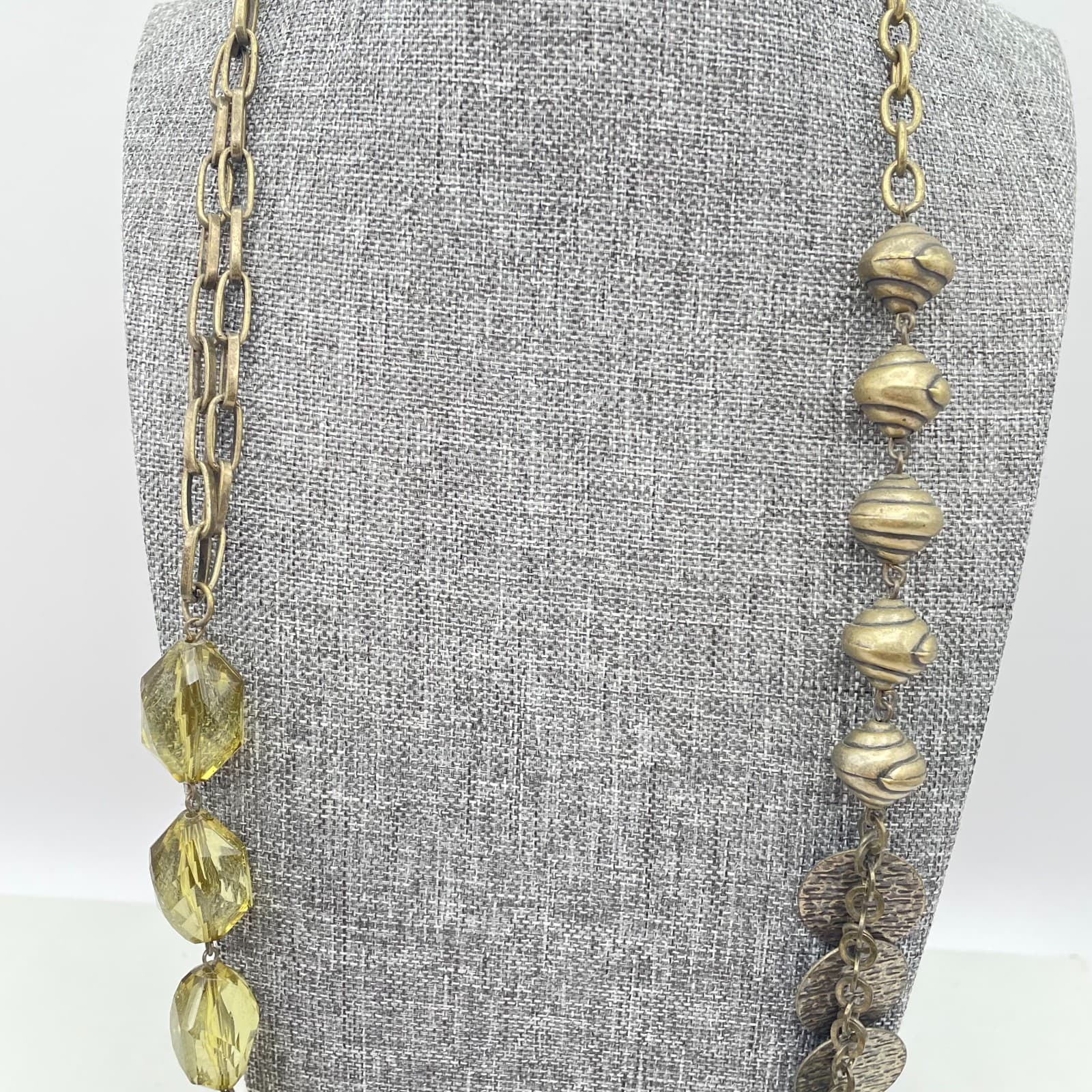 Vintage Gold Tone Long Necklace Olive Green Glass Beads Opera Flapper - Thumbnail 2