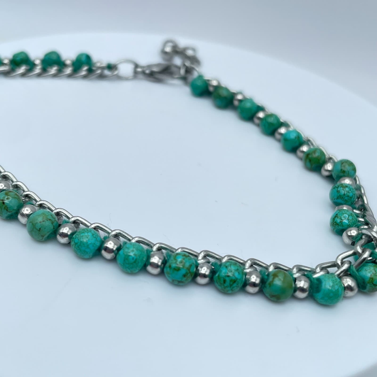 Y2K Turquoise Bead Bracelet Silver Tone Chain Boho Western Jewelry Adjustable - Thumbnail 4