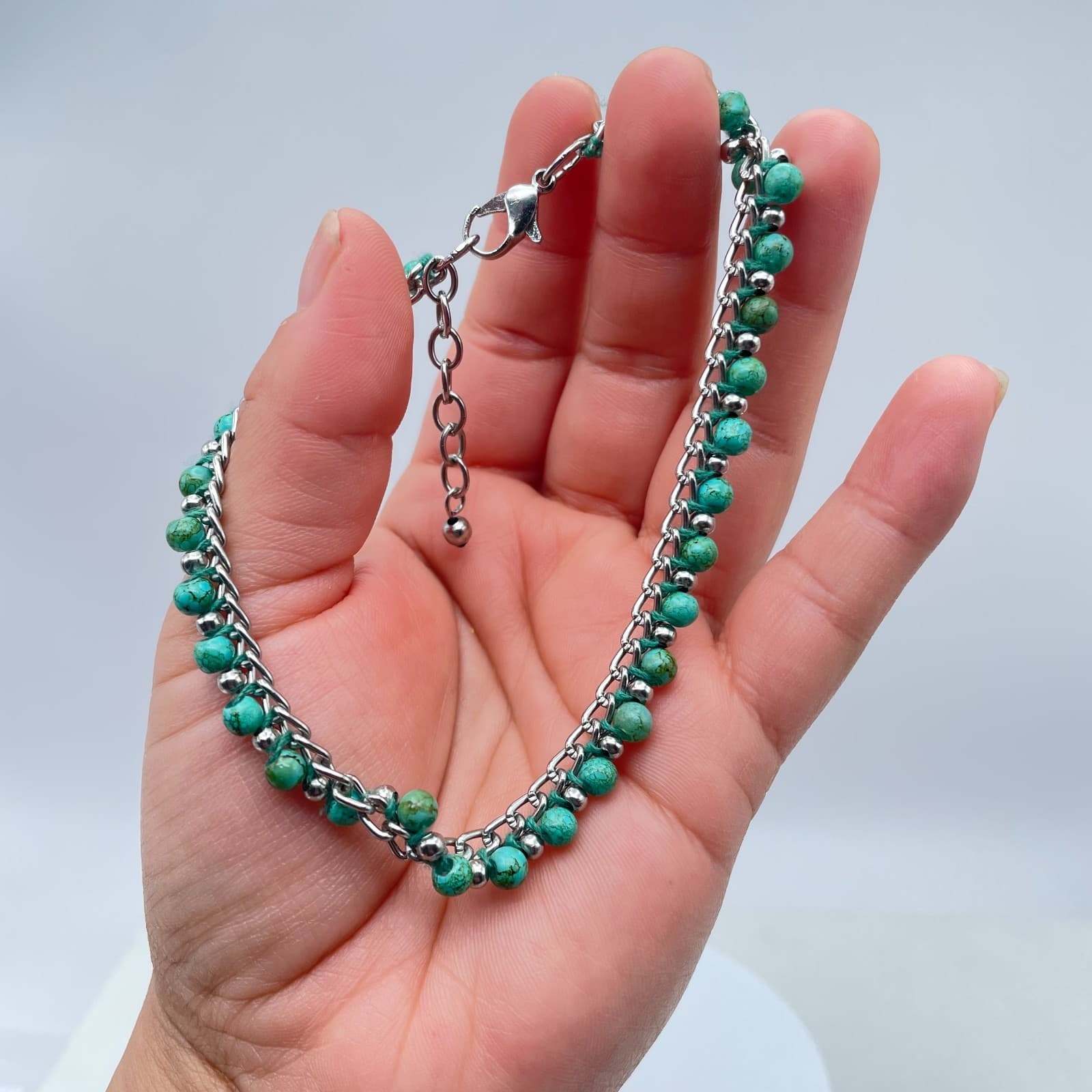 Y2K Turquoise Bead Bracelet Silver Tone Chain Boho Western Jewelry Adjustable - Thumbnail 10
