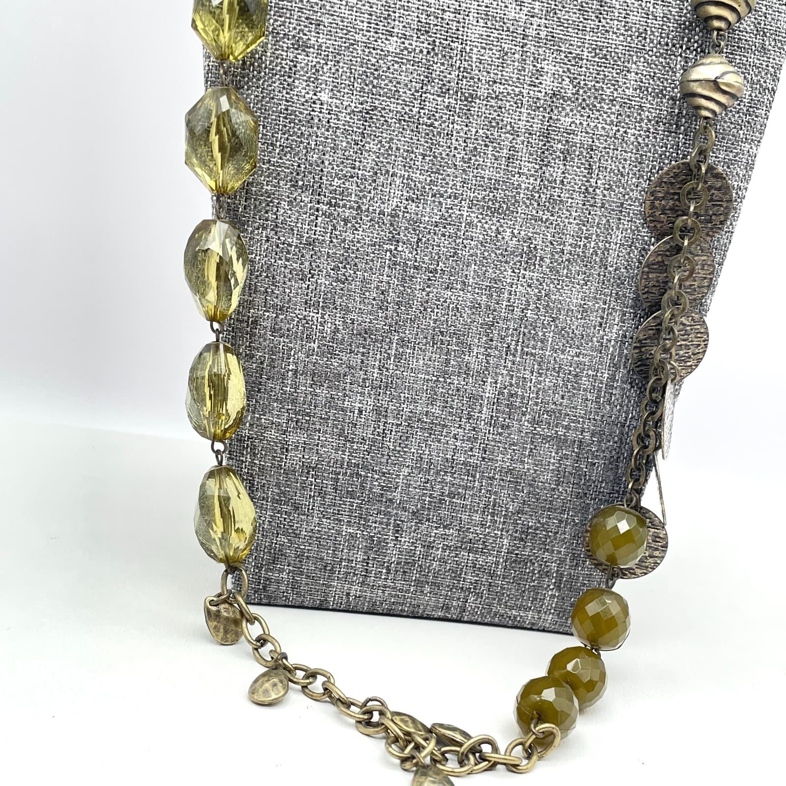 Vintage Gold Tone Long Necklace Olive Green Glass Beads Opera Flapper - Thumbnail 3
