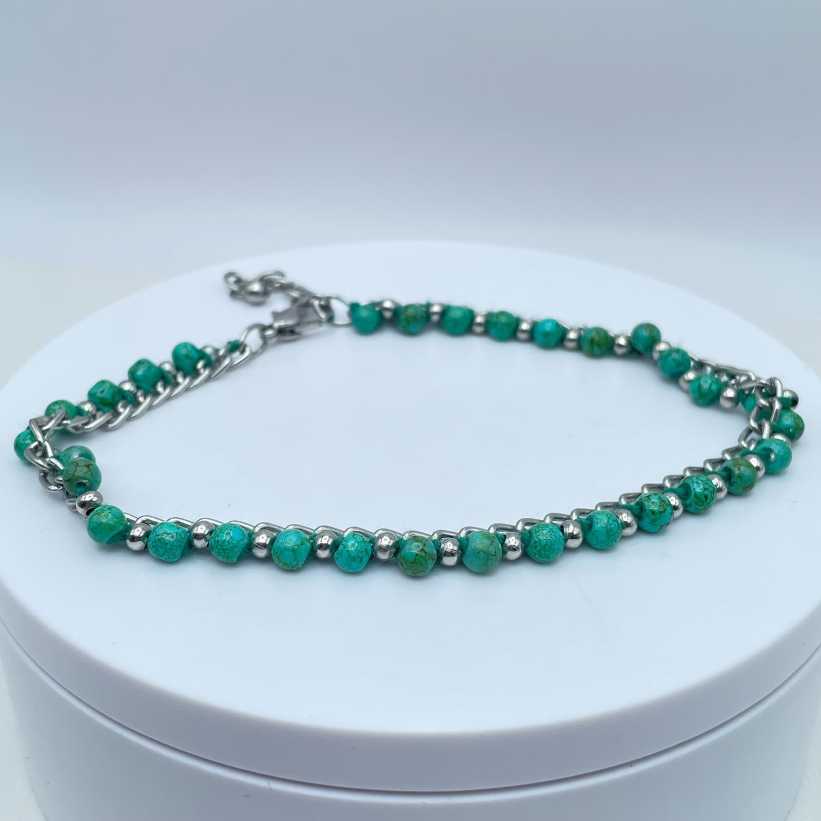 Y2K Turquoise Bead Bracelet Silver Tone Chain Boho Western Jewelry Adjustable - Thumbnail 3