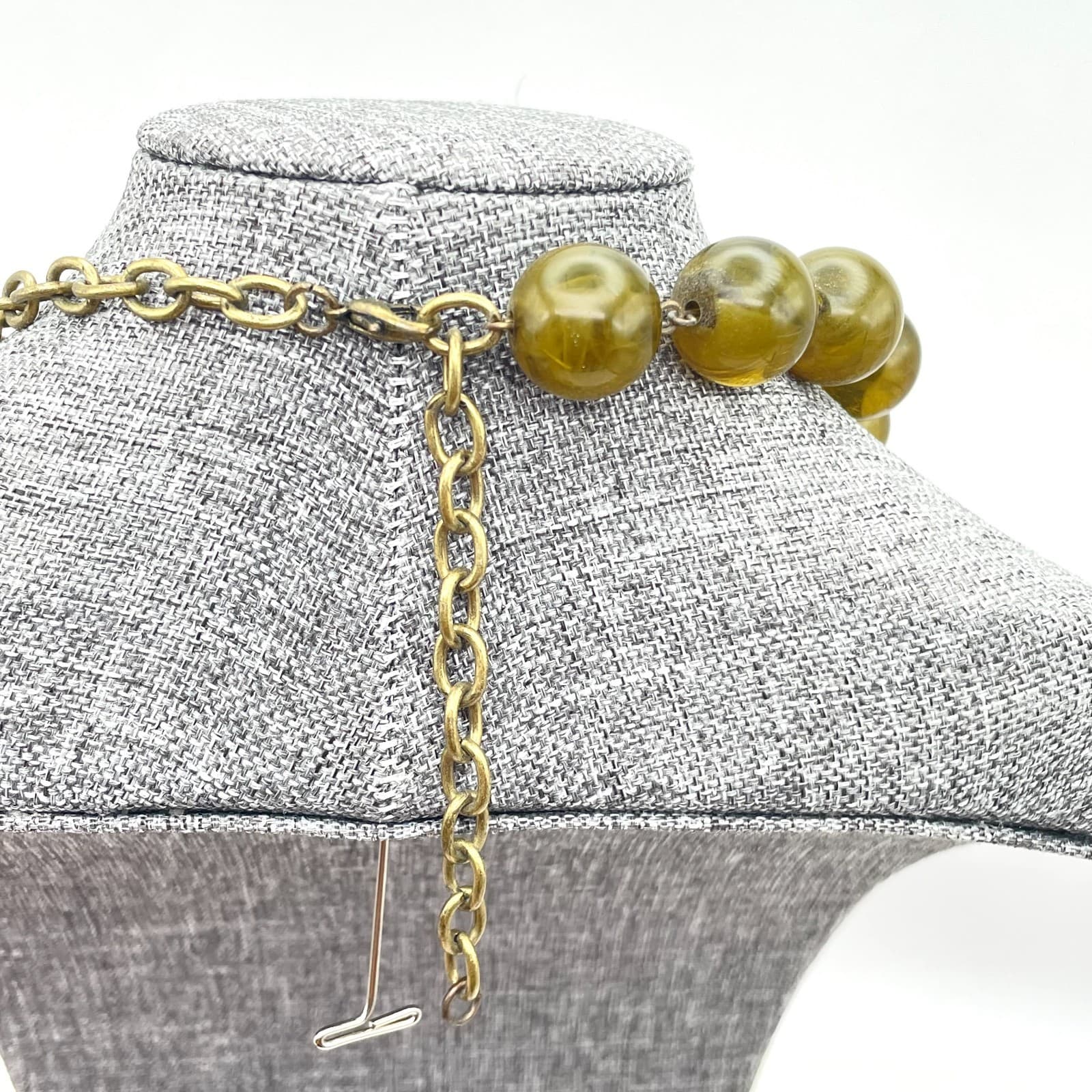 Vintage Gold Tone Long Necklace Olive Green Glass Beads Opera Flapper - Thumbnail 5