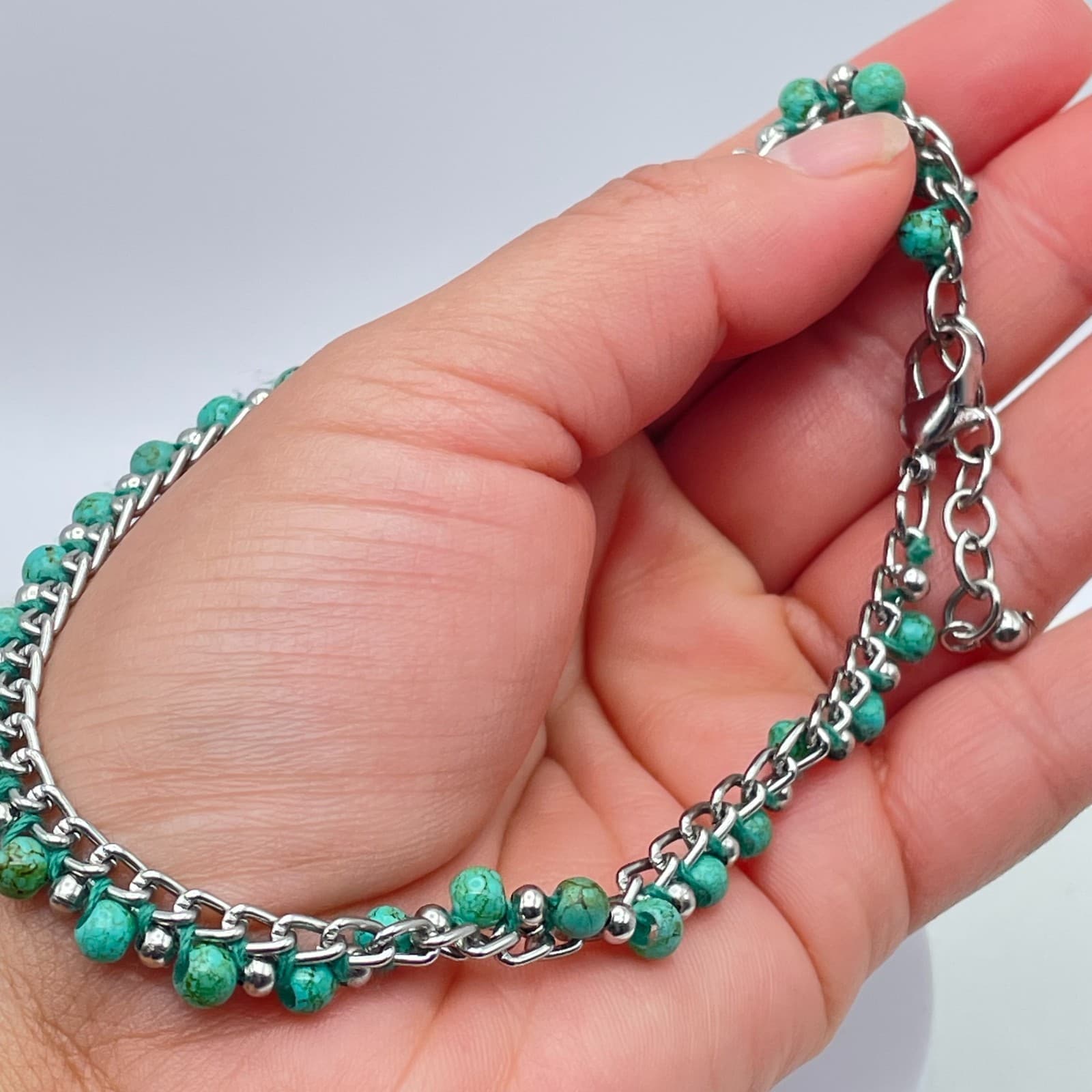 Y2K Turquoise Bead Bracelet Silver Tone Chain Boho Western Jewelry Adjustable - Thumbnail 7