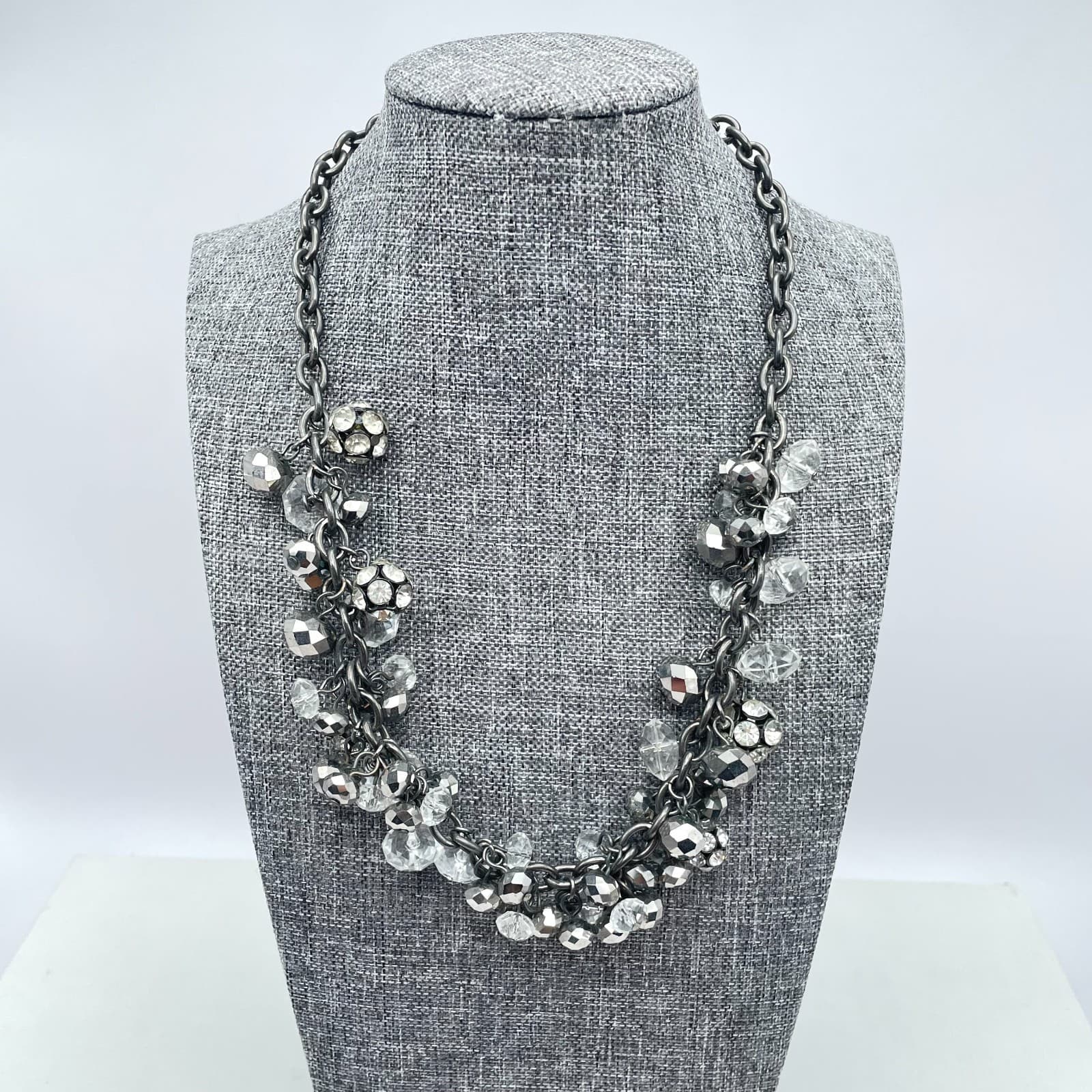 Vera Wang Gunmetal Crystal Charm Necklace Chunky Chain Cluster Statement - Thumbnail 3