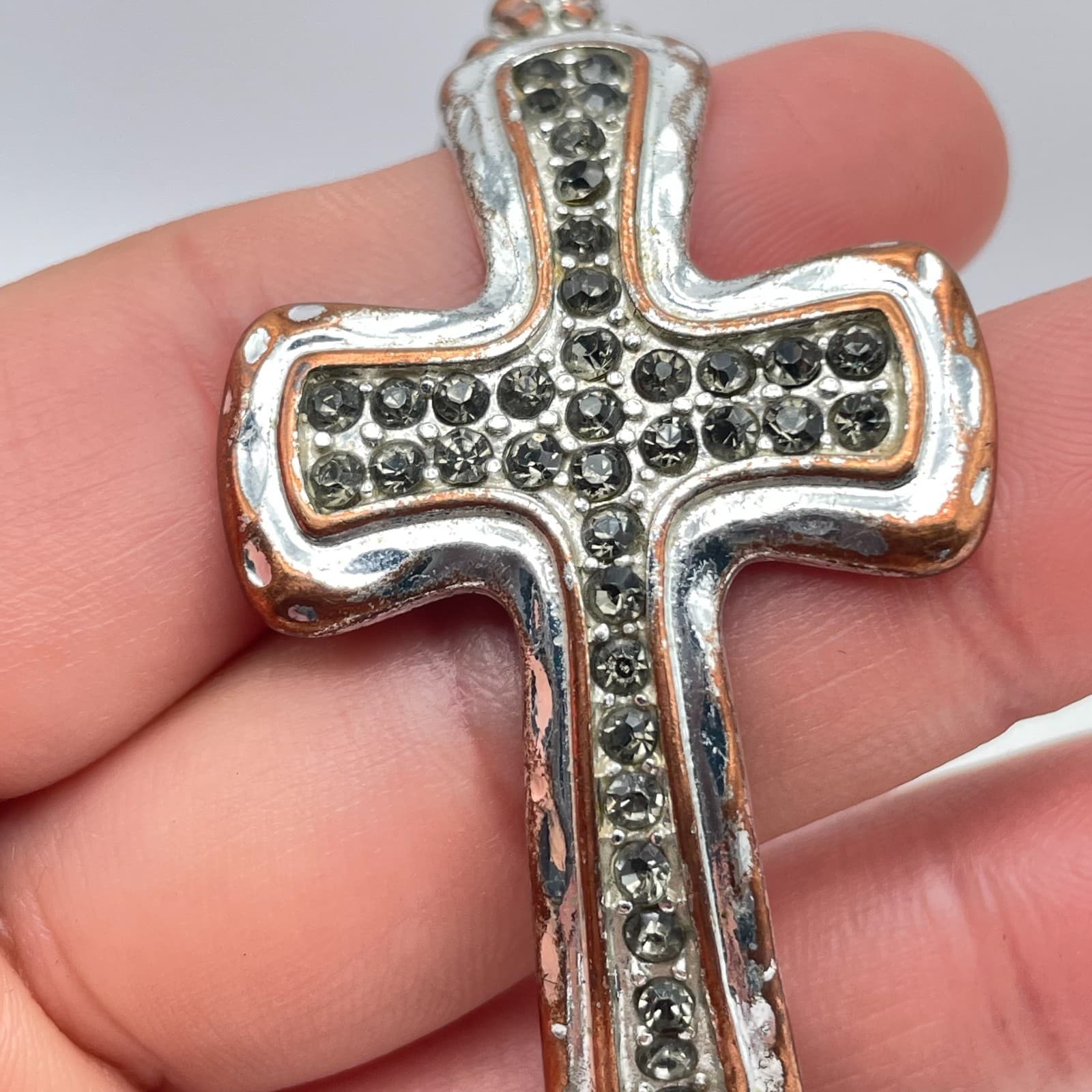 Vintage Y2K Rhinestone Cross Bracelet Black Bead Gothic Christian Religious - Thumbnail 7