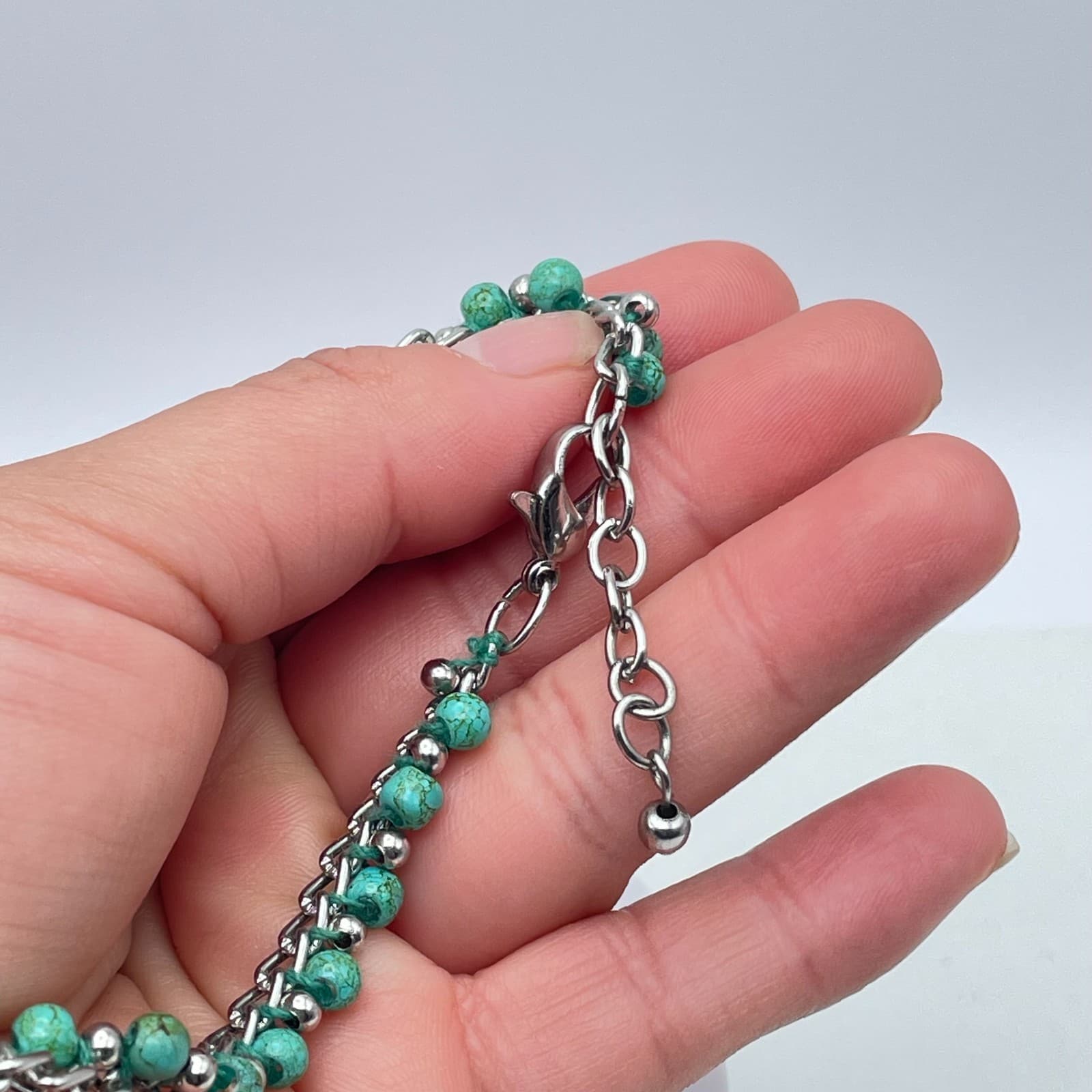 Y2K Turquoise Bead Bracelet Silver Tone Chain Boho Western Jewelry Adjustable - Thumbnail 8