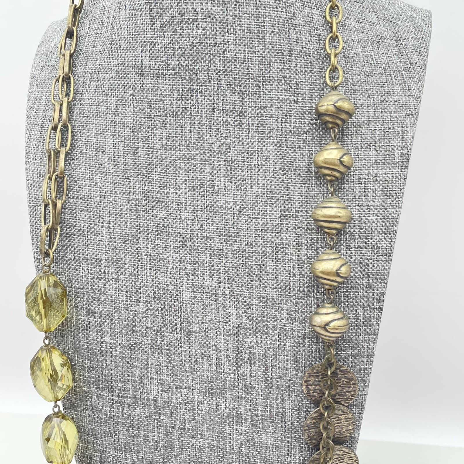 Vintage Gold Tone Long Necklace Olive Green Glass Beads Opera Flapper - Thumbnail 4