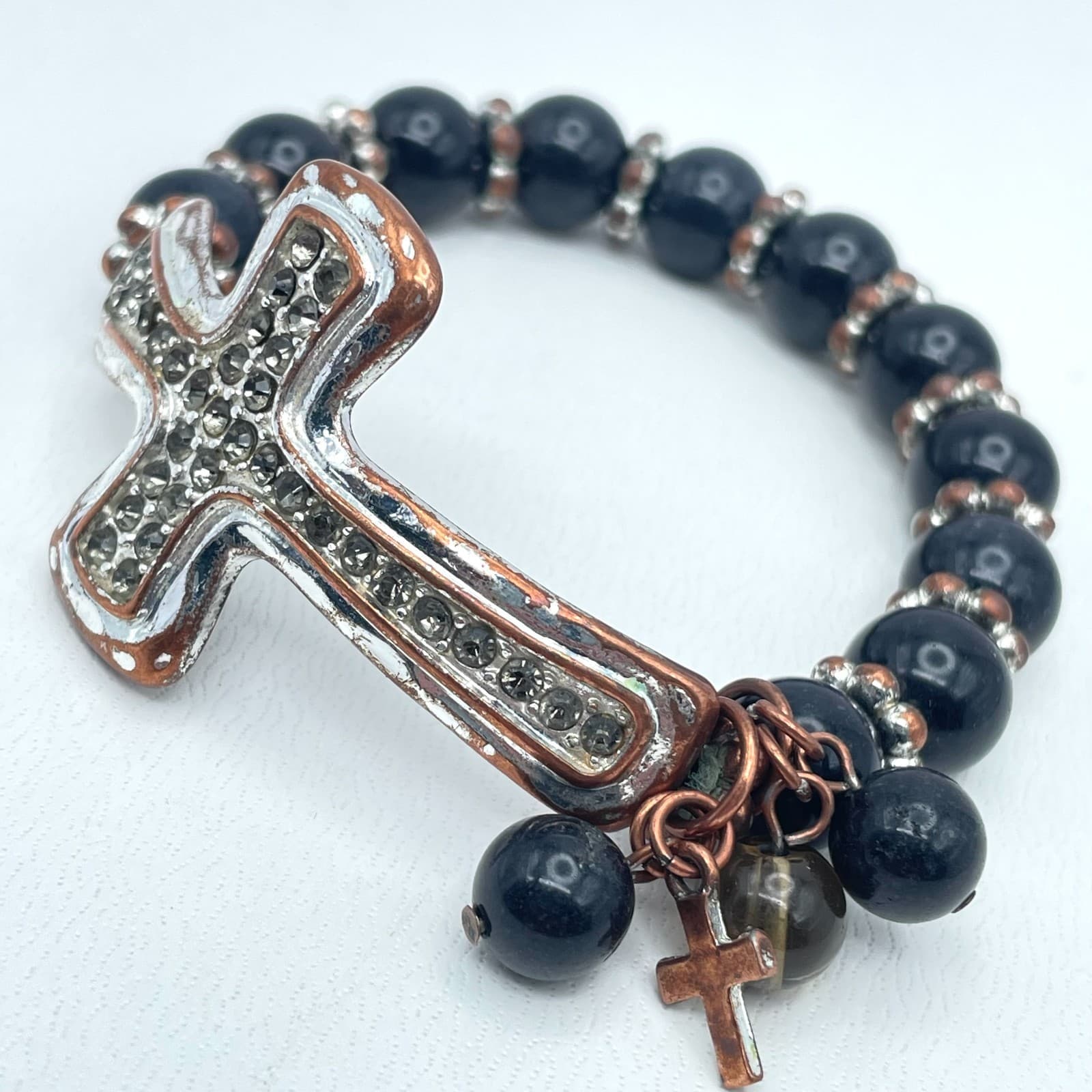 Vintage Y2K Rhinestone Cross Bracelet Black Bead Gothic Christian Religious - Thumbnail 2