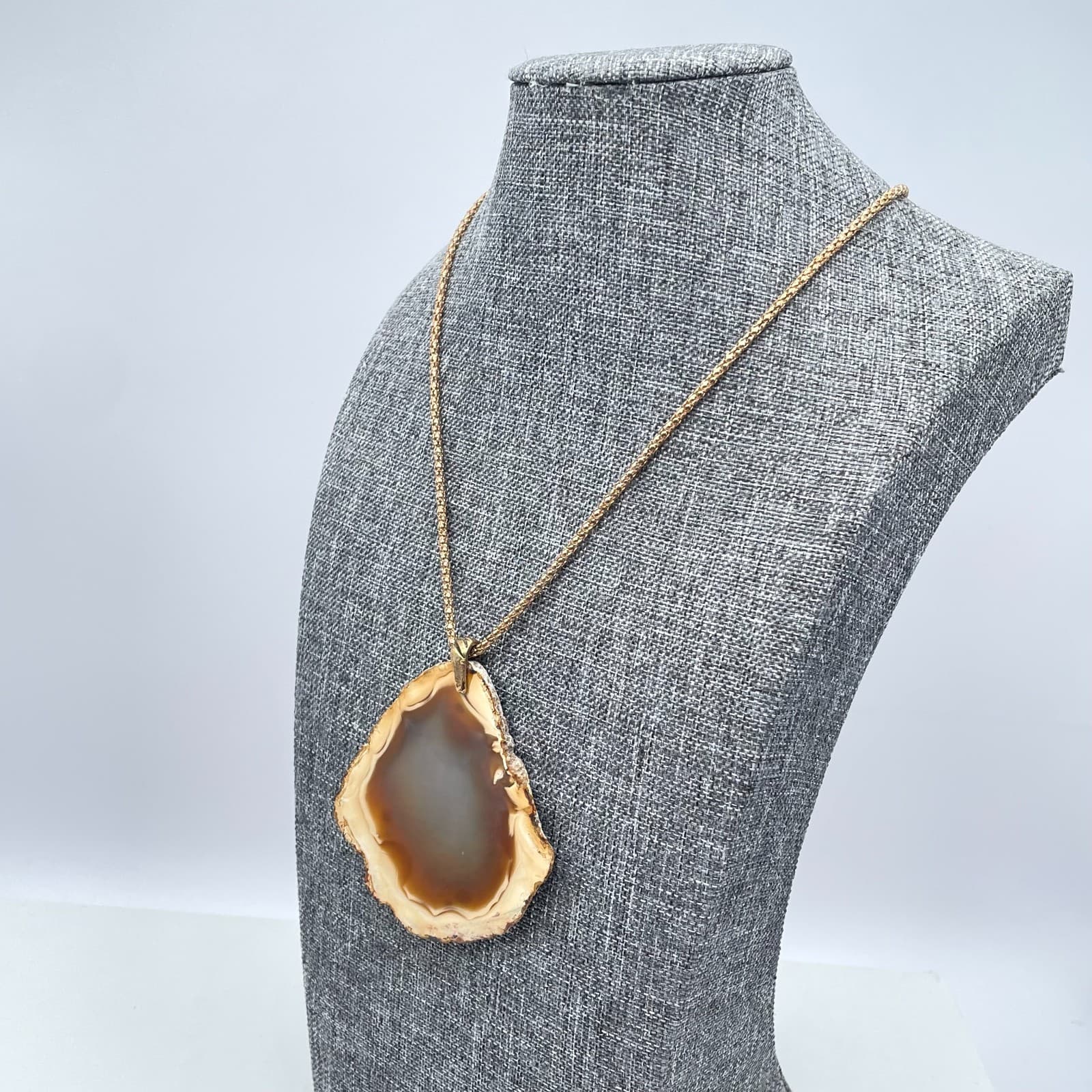 Gold-Tone Popcorn Chain Natural Brazilian Agate Slice Pendant Lobster Necklace - Thumbnail 5