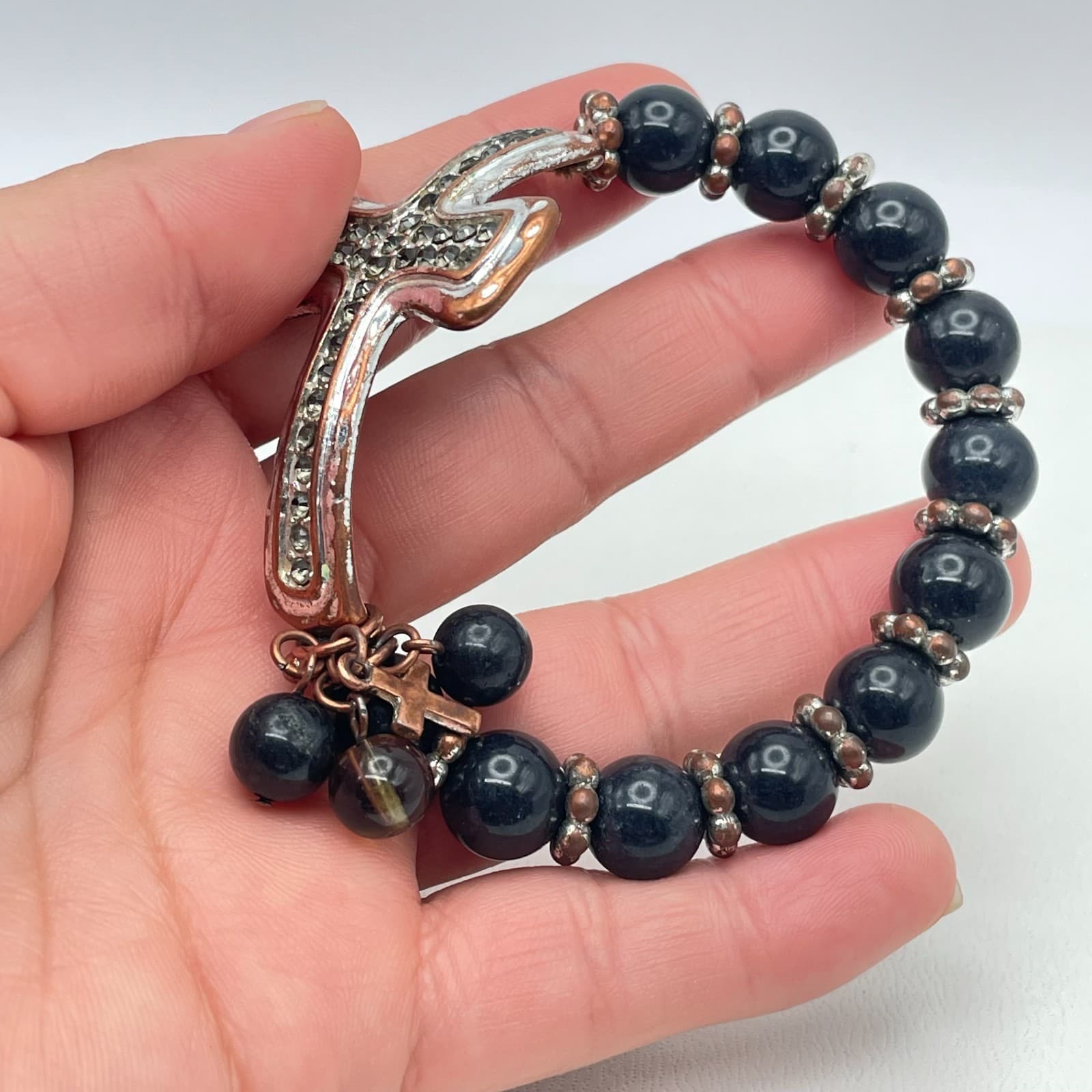 Vintage Y2K Rhinestone Cross Bracelet Black Bead Gothic Christian Religious - Thumbnail 6