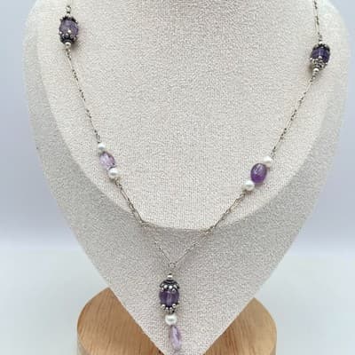 Southwestern Boho Silver-Tone Amethyst Freshwater Pearls Beaded Station Necklace - Thumbnail 3