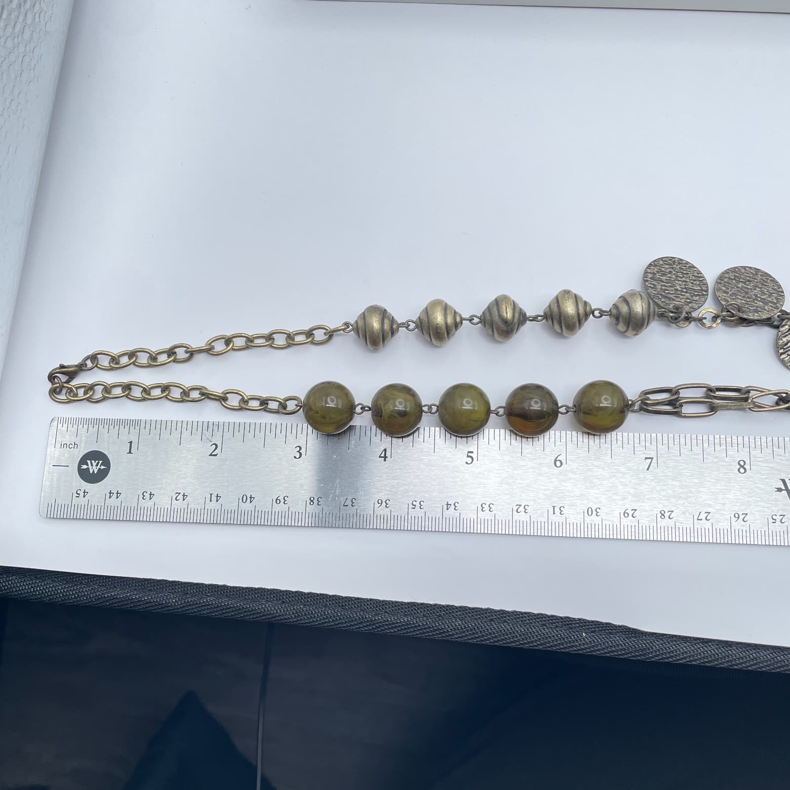 Vintage Gold Tone Long Necklace Olive Green Glass Beads Opera Flapper - Thumbnail 6