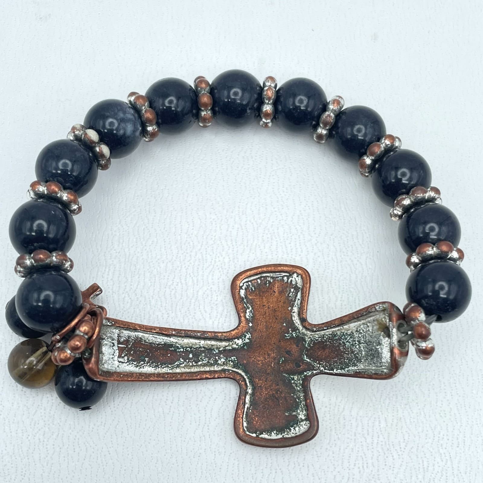 Vintage Y2K Rhinestone Cross Bracelet Black Bead Gothic Christian Religious - Thumbnail 3
