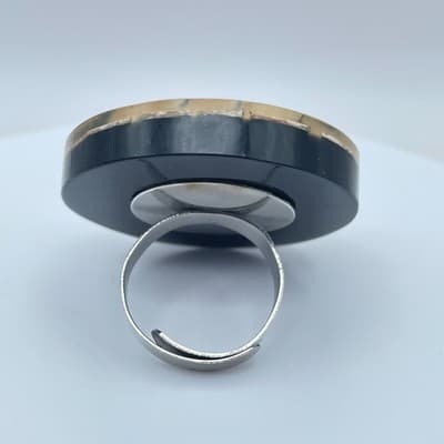 Vintage Silver-Tone Adjustable Glassmour Zebra Palateau Art Deco Cocktail Ring - Thumbnail 4