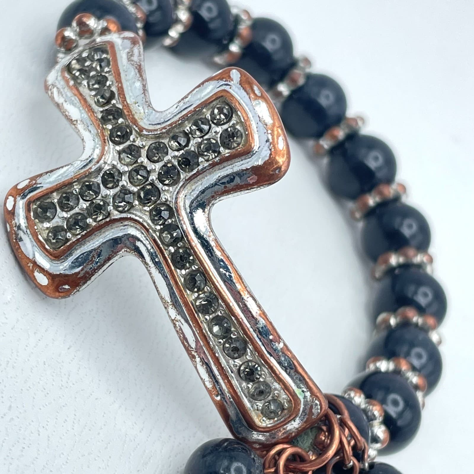 Vintage Y2K Rhinestone Cross Bracelet Black Bead Gothic Christian Religious - Thumbnail 4