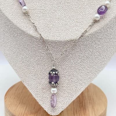 Southwestern Boho Silver-Tone Amethyst Freshwater Pearls Beaded Station Necklace - Thumbnail 5