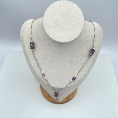 Southwestern Boho Silver-Tone Amethyst Freshwater Pearls Beaded Station Necklace - Thumbnail 2