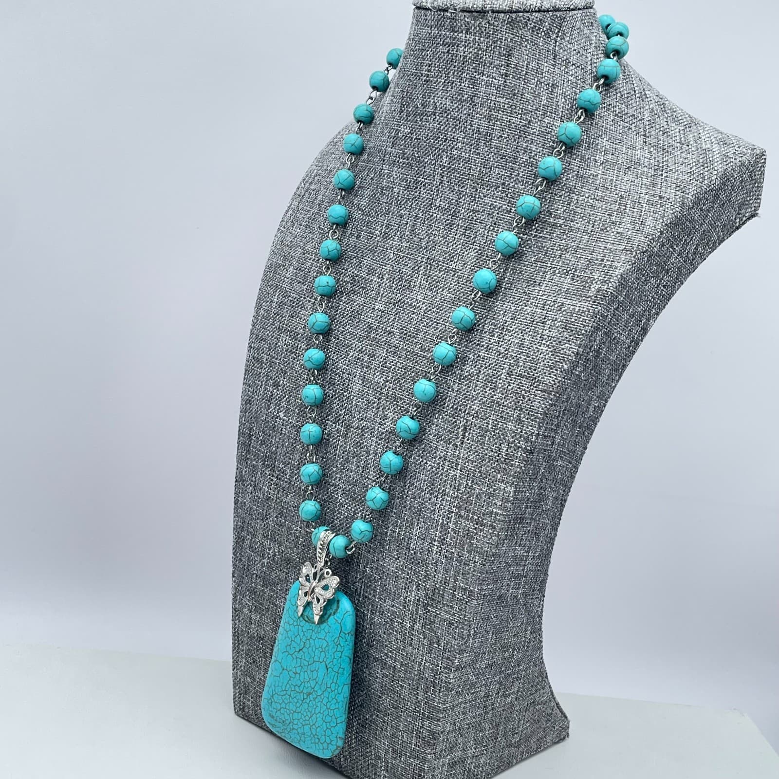 Vintage 90s Y2K Turquoise Beaded Necklace Butterfly Pendant Southwestern Boho - Thumbnail 8