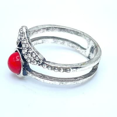 Southwestern Silver-Tone Coral Beads Pave Rhinestone Stacked-Look Layered Ring - Thumbnail 2