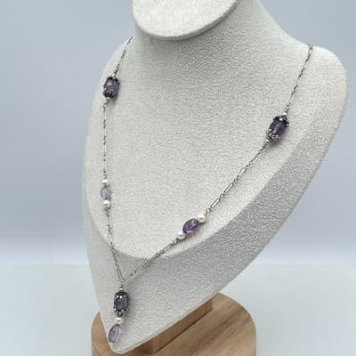 Southwestern Boho Silver-Tone Amethyst Freshwater Pearls Beaded Station Necklace - Thumbnail 6
