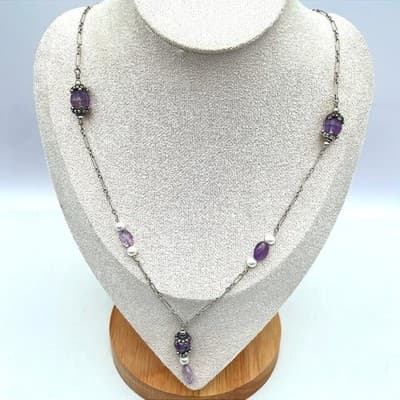Southwestern Boho Silver-Tone Amethyst Freshwater Pearls Beaded Station Necklace
