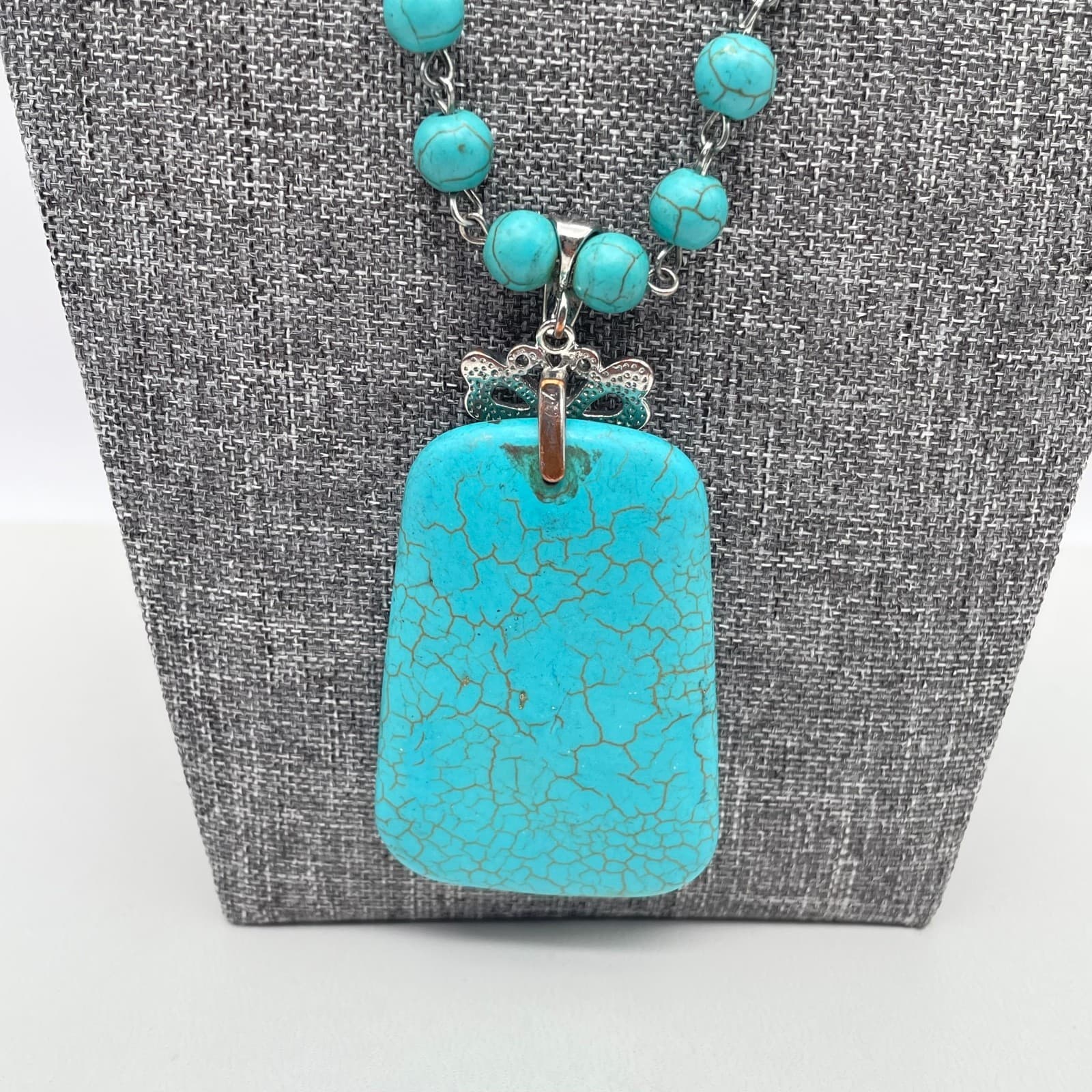 Vintage 90s Y2K Turquoise Beaded Necklace Butterfly Pendant Southwestern Boho - Thumbnail 3