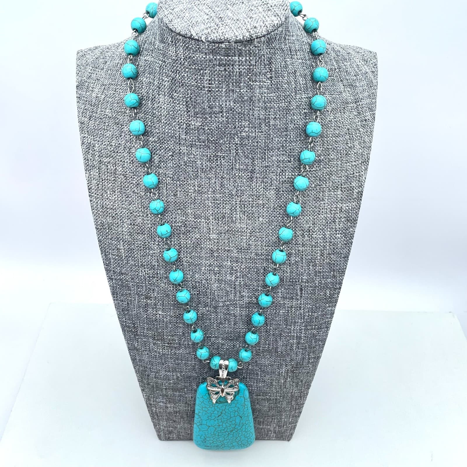 Vintage 90s Y2K Turquoise Beaded Necklace Butterfly Pendant Southwestern Boho - Thumbnail 4