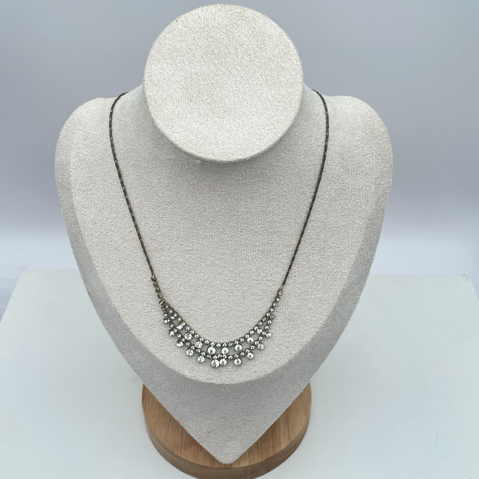 VTG Gold-Tone Braided Chain Prong Rhinestone Double Swag Layered Bib Necklace - Thumbnail 5