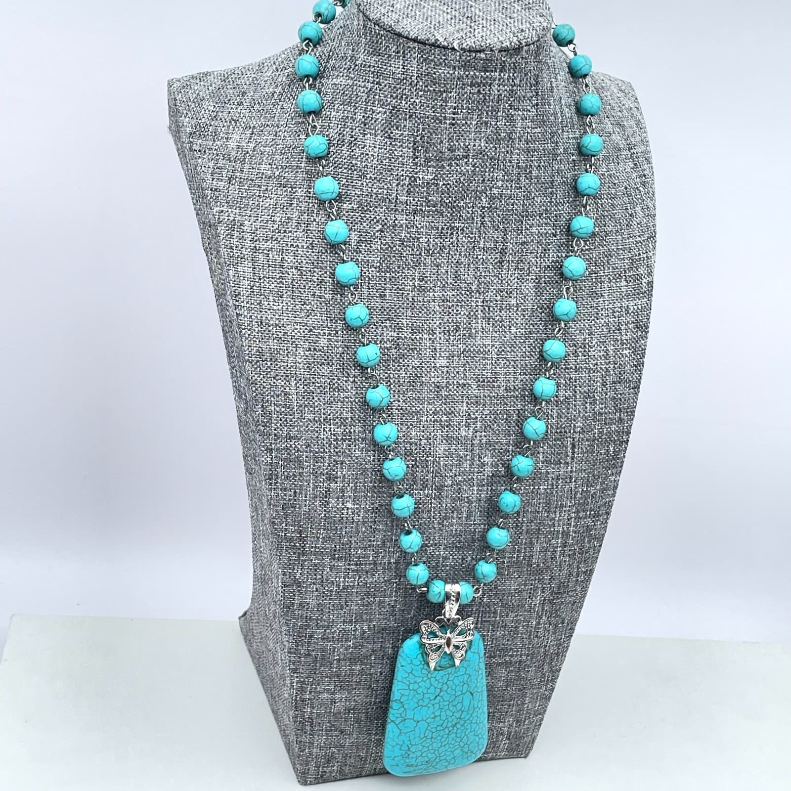 Vintage 90s Y2K Turquoise Beaded Necklace Butterfly Pendant Southwestern Boho - Thumbnail 5